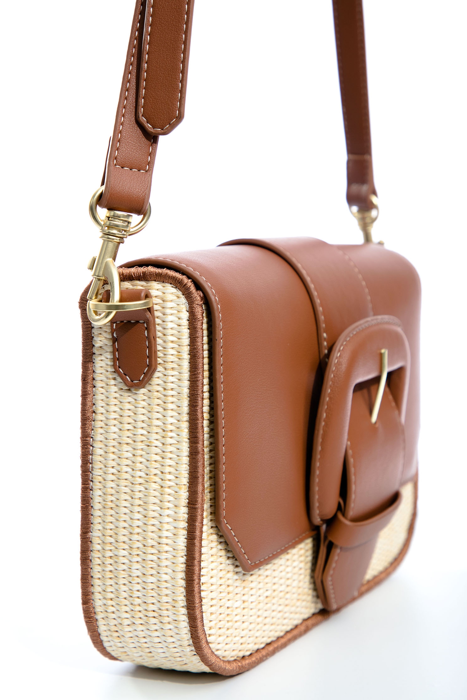 Woven Snap Closure Sling BagLeather woven bag,Crossbody bags,Embroidered,Season (SS) Look