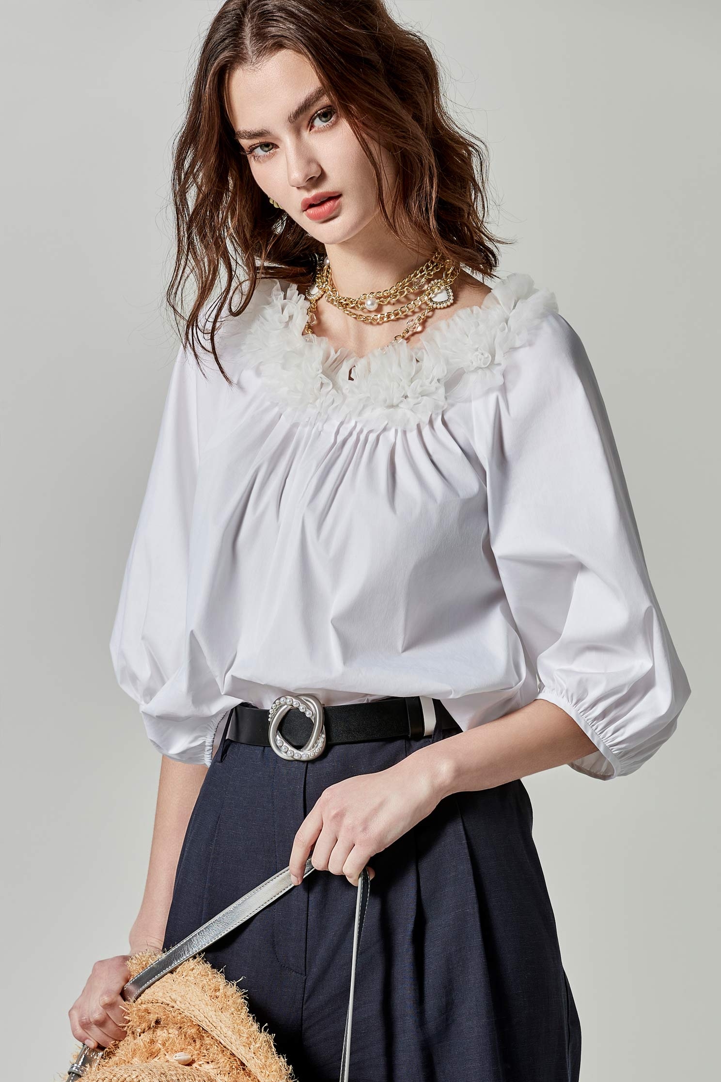 Pearl Applique Buckle Leather BeltPearl Applique Buckle Leather Belt,Season (SS) Look,pearl,Belts