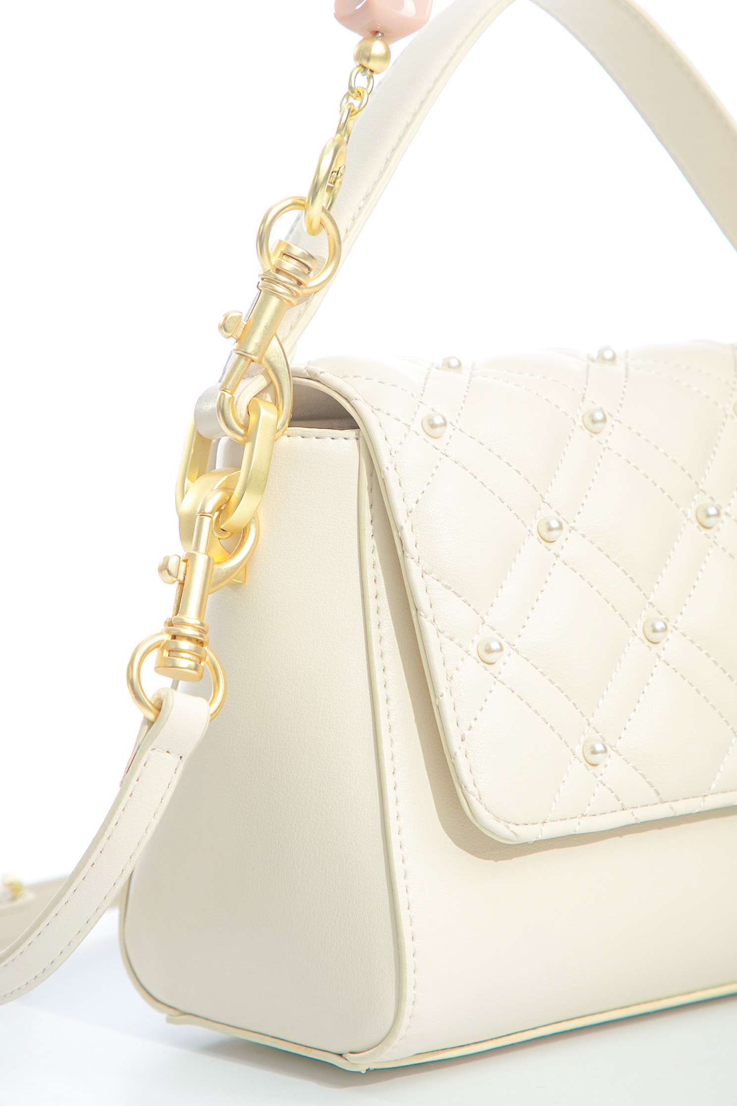 Quilted Snap Closure Leather Sling BagLeather shoulder bag with padded design,Crossbody bags,Season (SS) Look,pearl