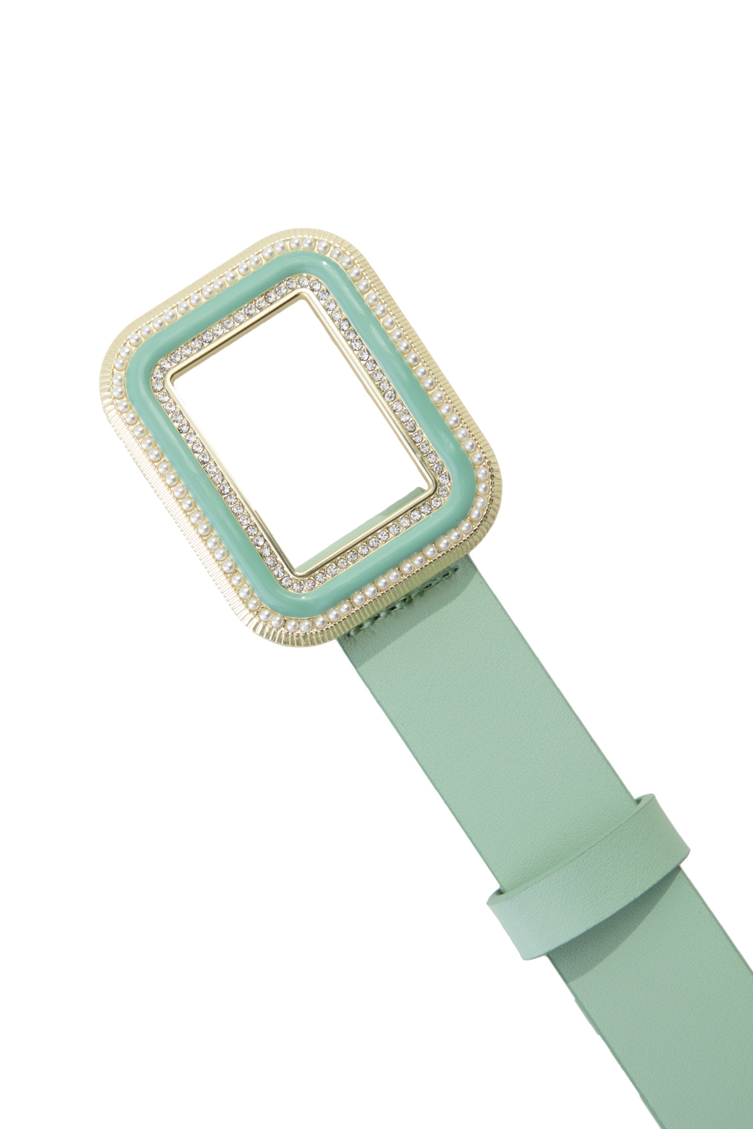 Square Buckle Belt With Pearl And Diamonte DetailPearl rhinestone square buckle belt,pearl,Belts,Season (AW) Look,Belts