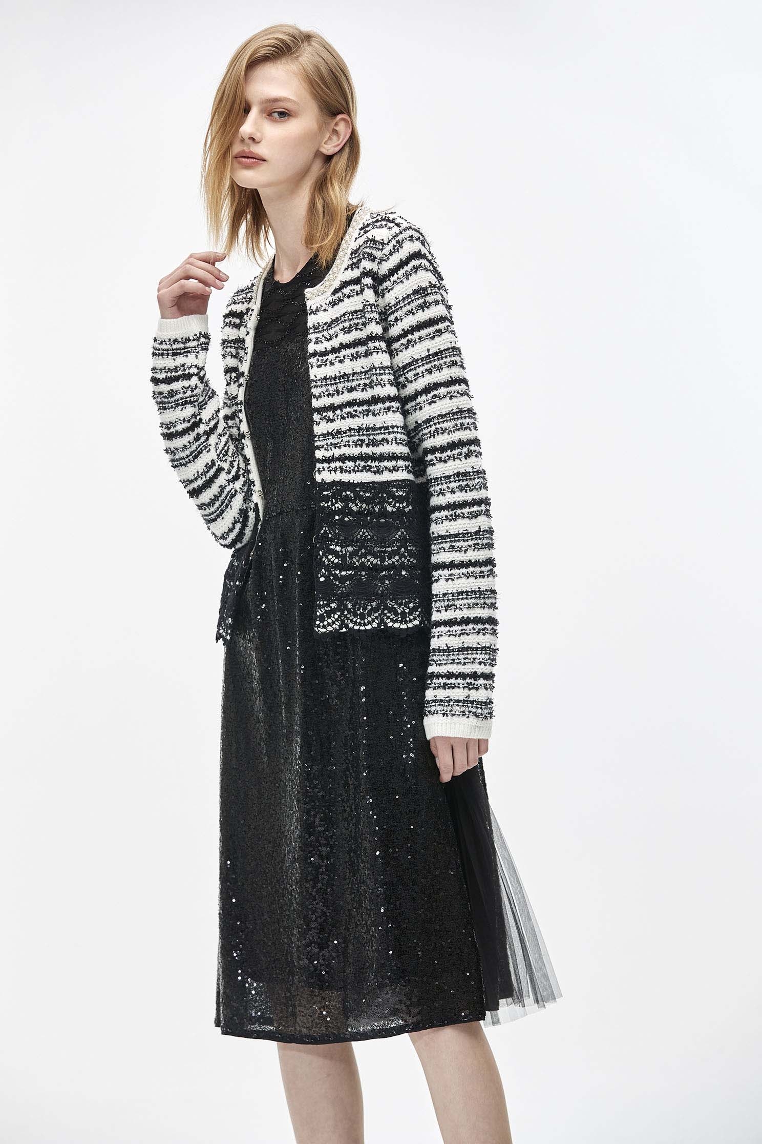 Black Stripe Cardigan With LaceKnit jacket with pearl design,Ready for Winter,Outerwear,pearl,Season (AW) Look,Lace,Knitted,Knitted coats