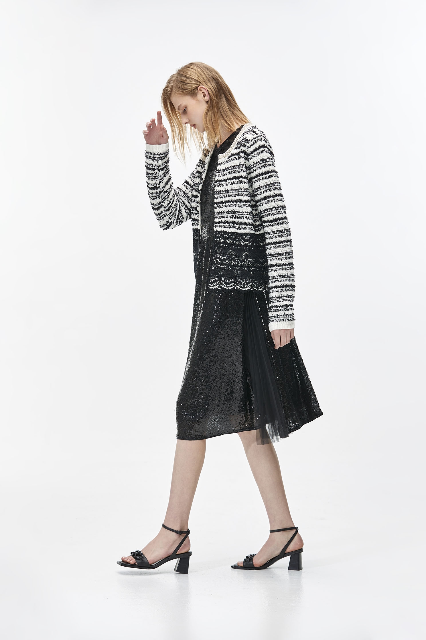 Black Stripe Cardigan With LaceKnit jacket with pearl design,Ready for Winter,Outerwear,pearl,Season (AW) Look,Lace,Knitted,Knitted coats