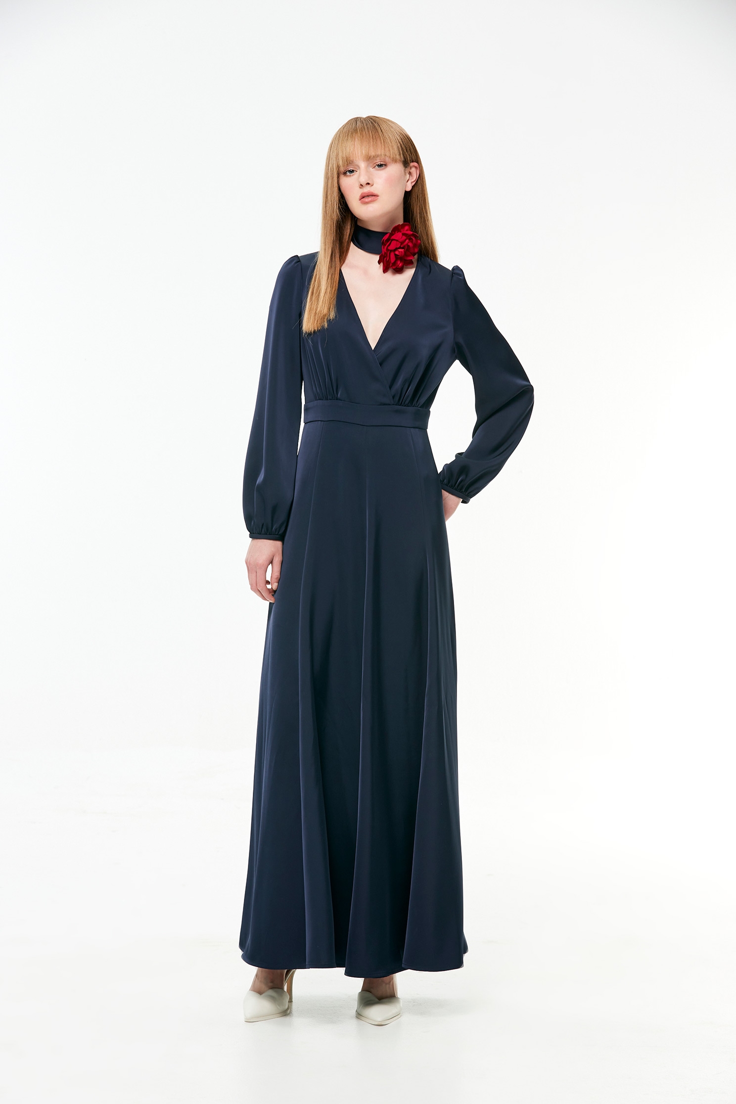 Long Sleeve Surplice Neckline Satin Evening DressLong Sleeve Surplice Neckline Satin Evening Dress,cocktaildresses,Evening dresses,Season (AW) Look