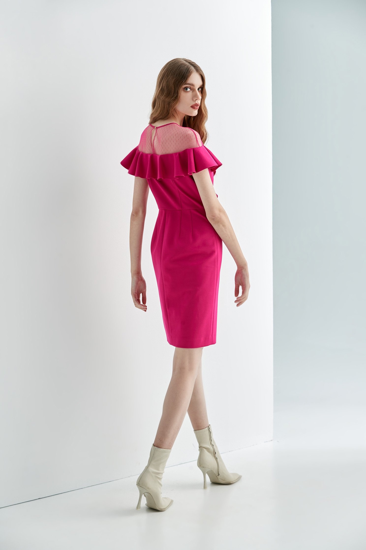 Fushia Pink Ruffle Detail Fitted DressContrast tulle dress,Dresses,bestselling,cocktaildresses,Party Looks,Evening dresses,Season (AW) Look,Valentine