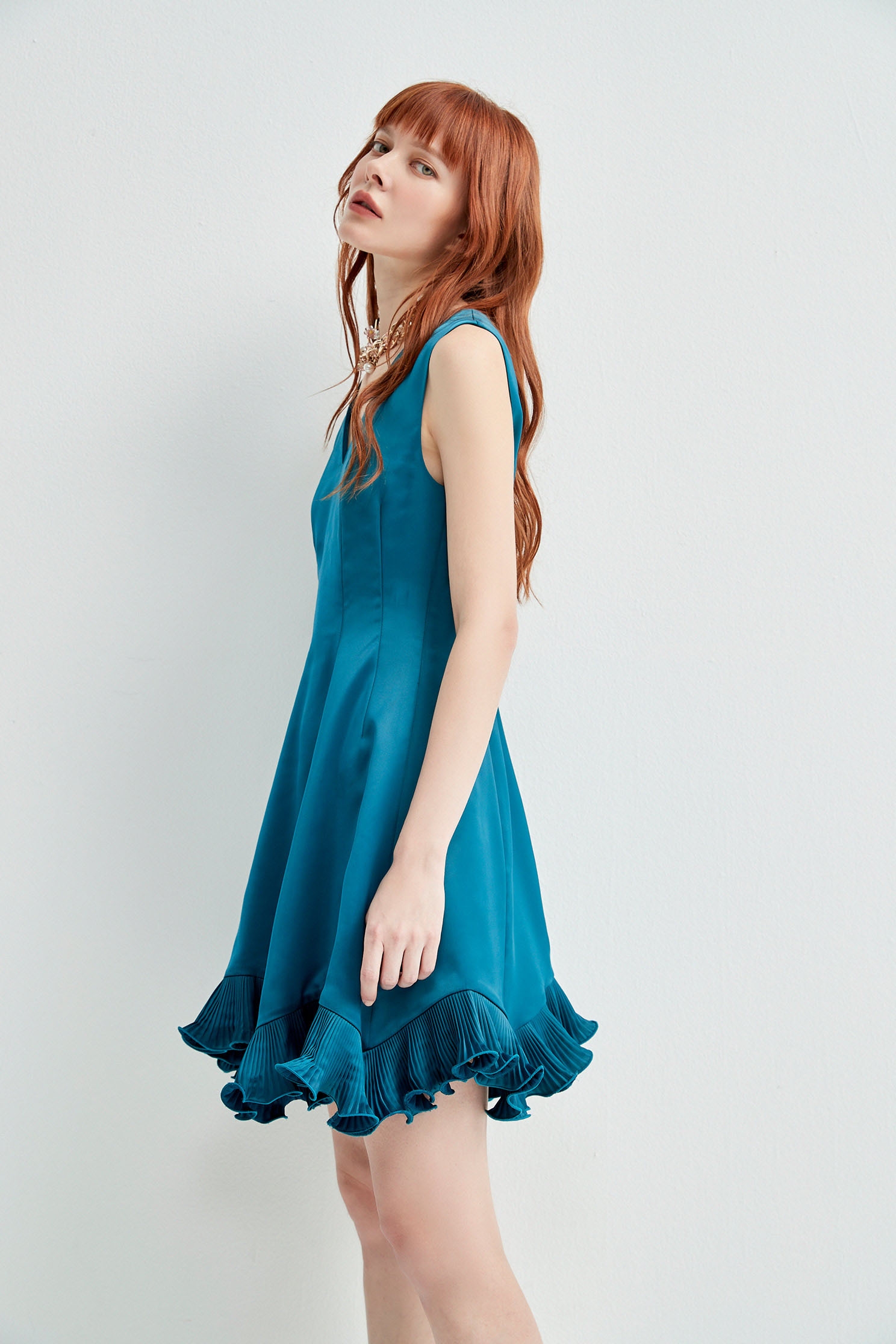 V-Neck Ruiffle Trim Sleeveless DressSatin serene blue cropped dress,cocktaildresses,Season (SS) Look,Evening dresses