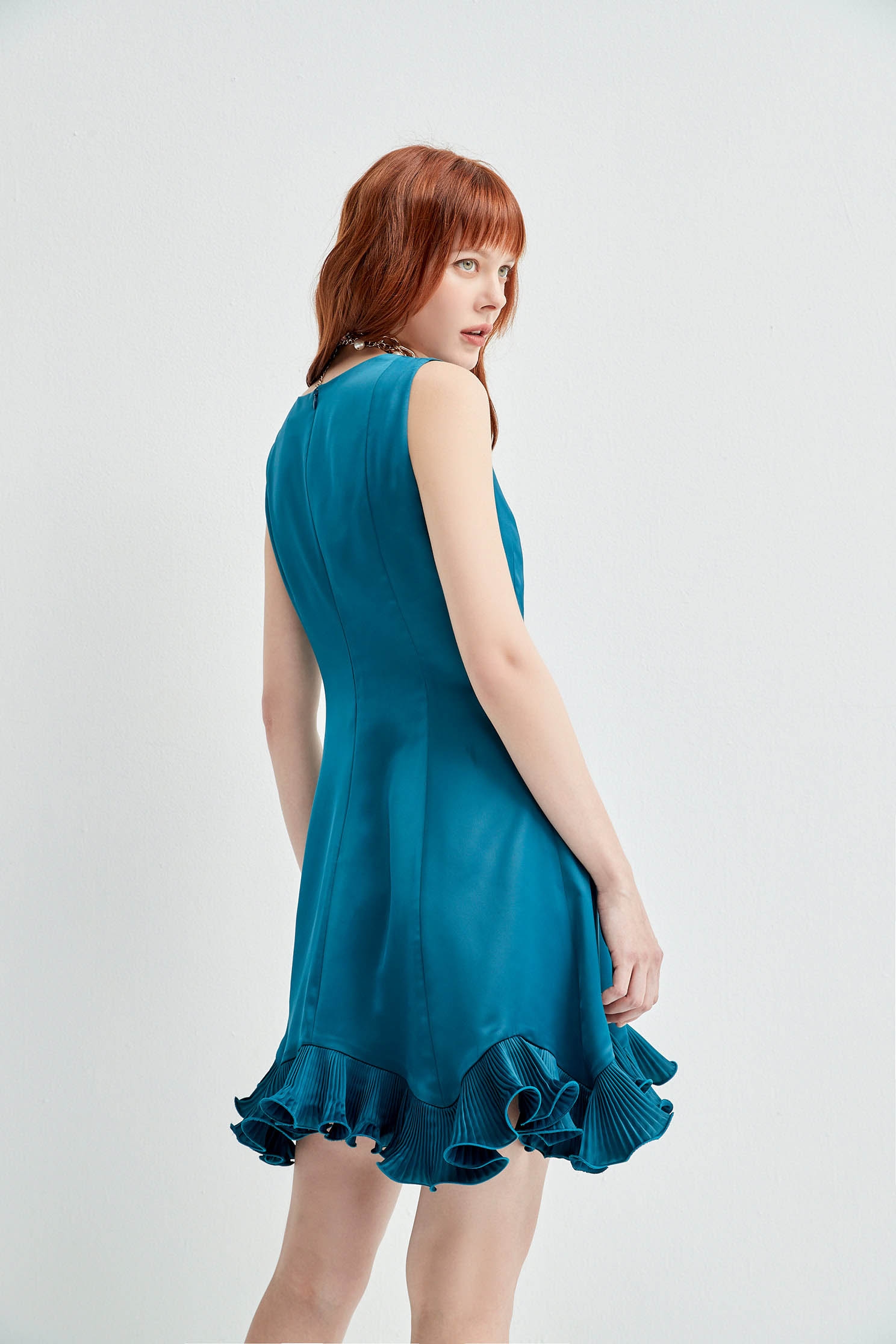 V-Neck Ruiffle Trim Sleeveless DressSatin serene blue cropped dress,cocktaildresses,Season (SS) Look,Evening dresses