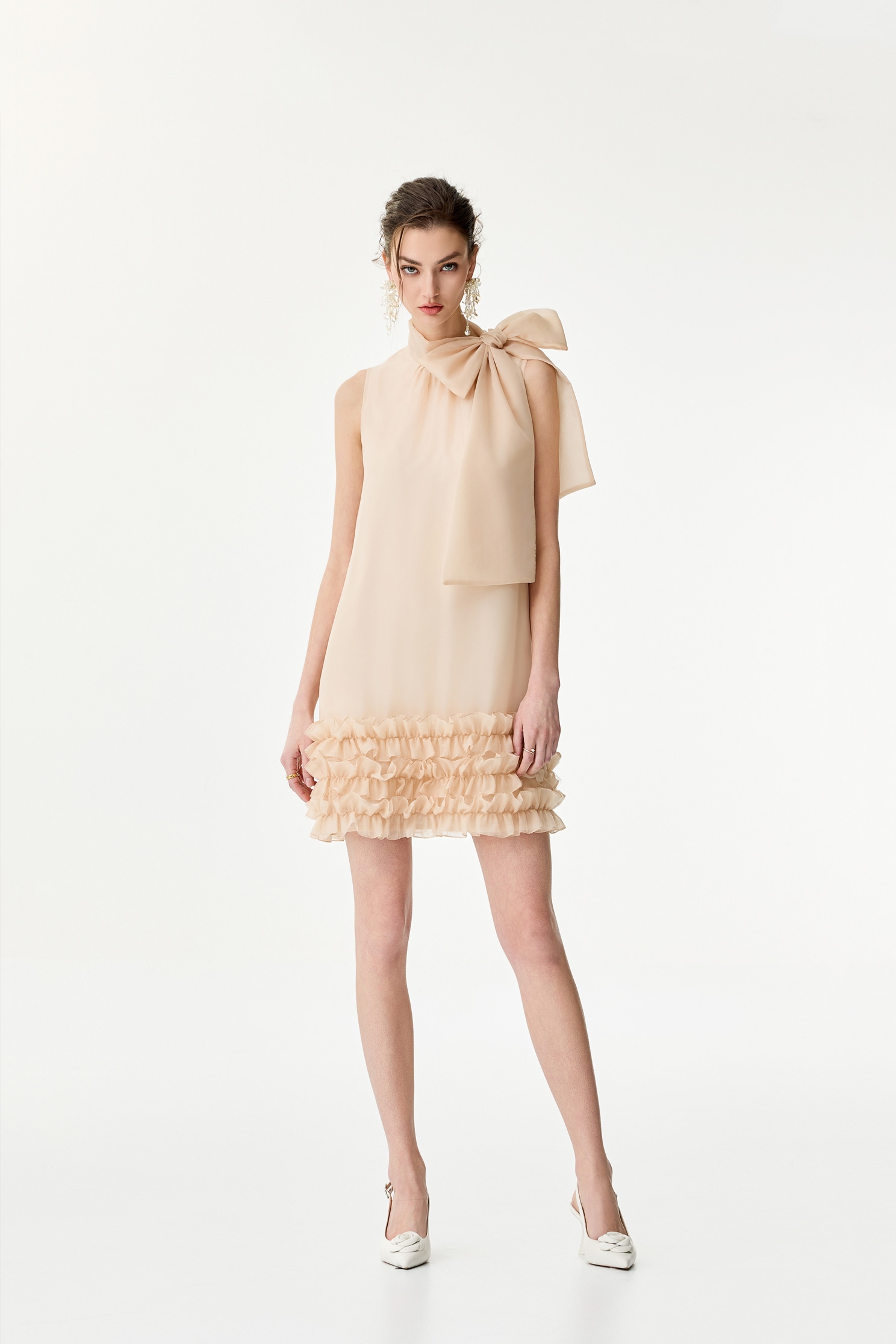 Bow Collar Detail Ruffle Hem Sleeveless DressBow Collar Detail Ruffle Hem Sleeveless Dress,cocktaildresses,Season (SS) Look,Evening dresses,bows