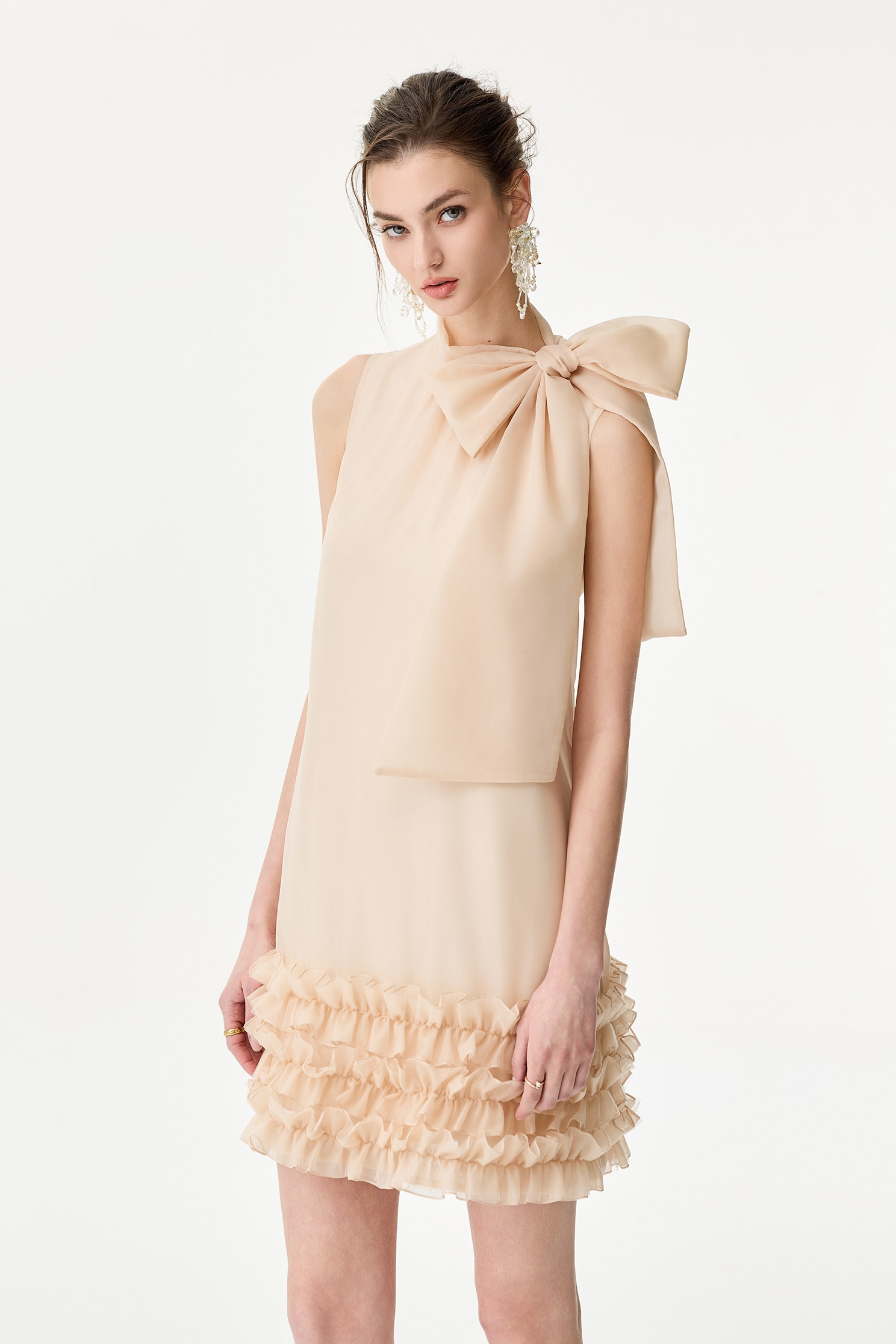 Bow Collar Detail Ruffle Hem Sleeveless DressBow Collar Detail Ruffle Hem Sleeveless Dress,cocktaildresses,Season (SS) Look,Evening dresses,bows