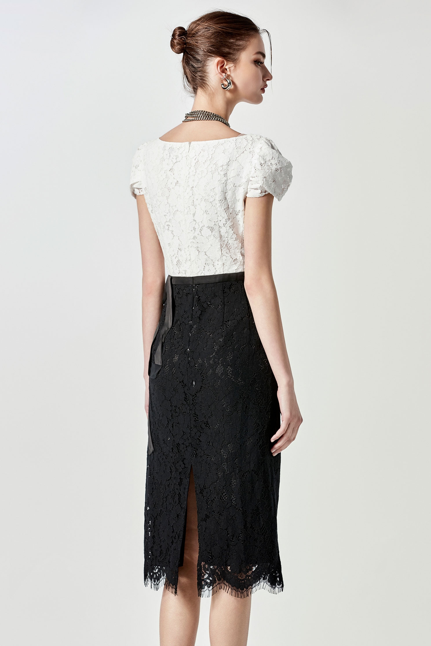 Black White Full Lace Bow Detail DressBlack White Full Lace Bow Detail Dress,cocktaildresses,Season (SS) Look,Evening dresses,Lace,bows