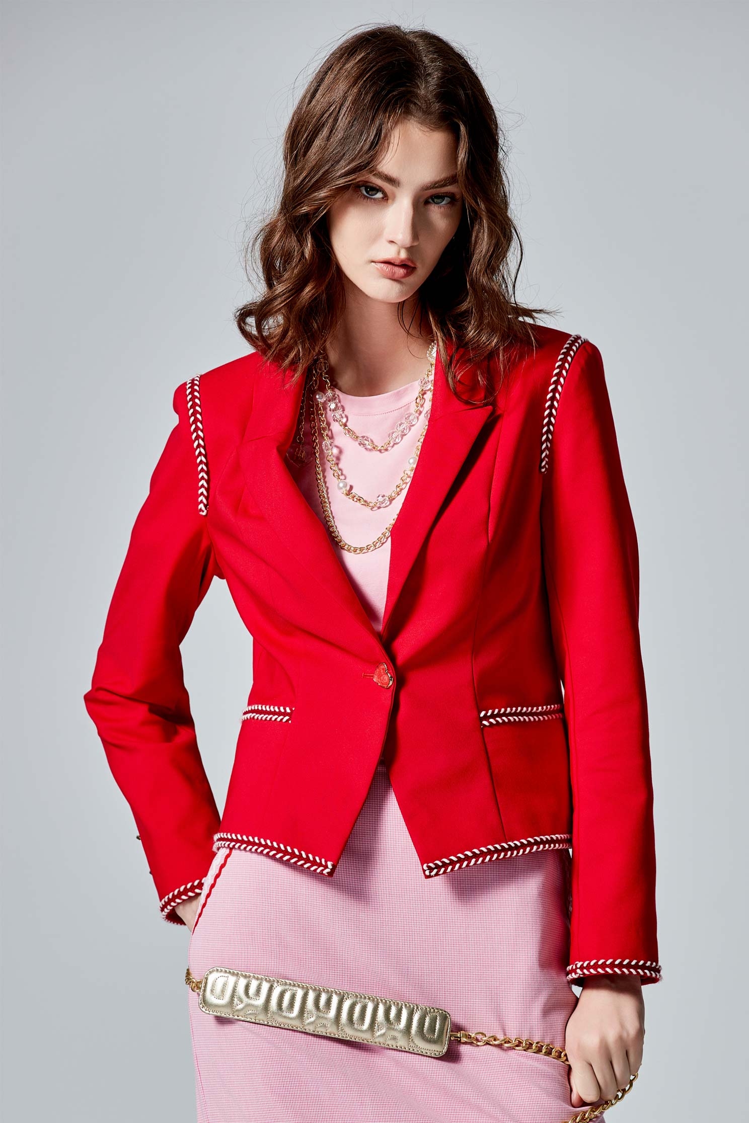 Red Blazer With Braided Ribbon Trim DetailRed Blazer With Braided Ribbon Trim Detail,Jackets,Outerwear,Season (AW) Look,Blazers