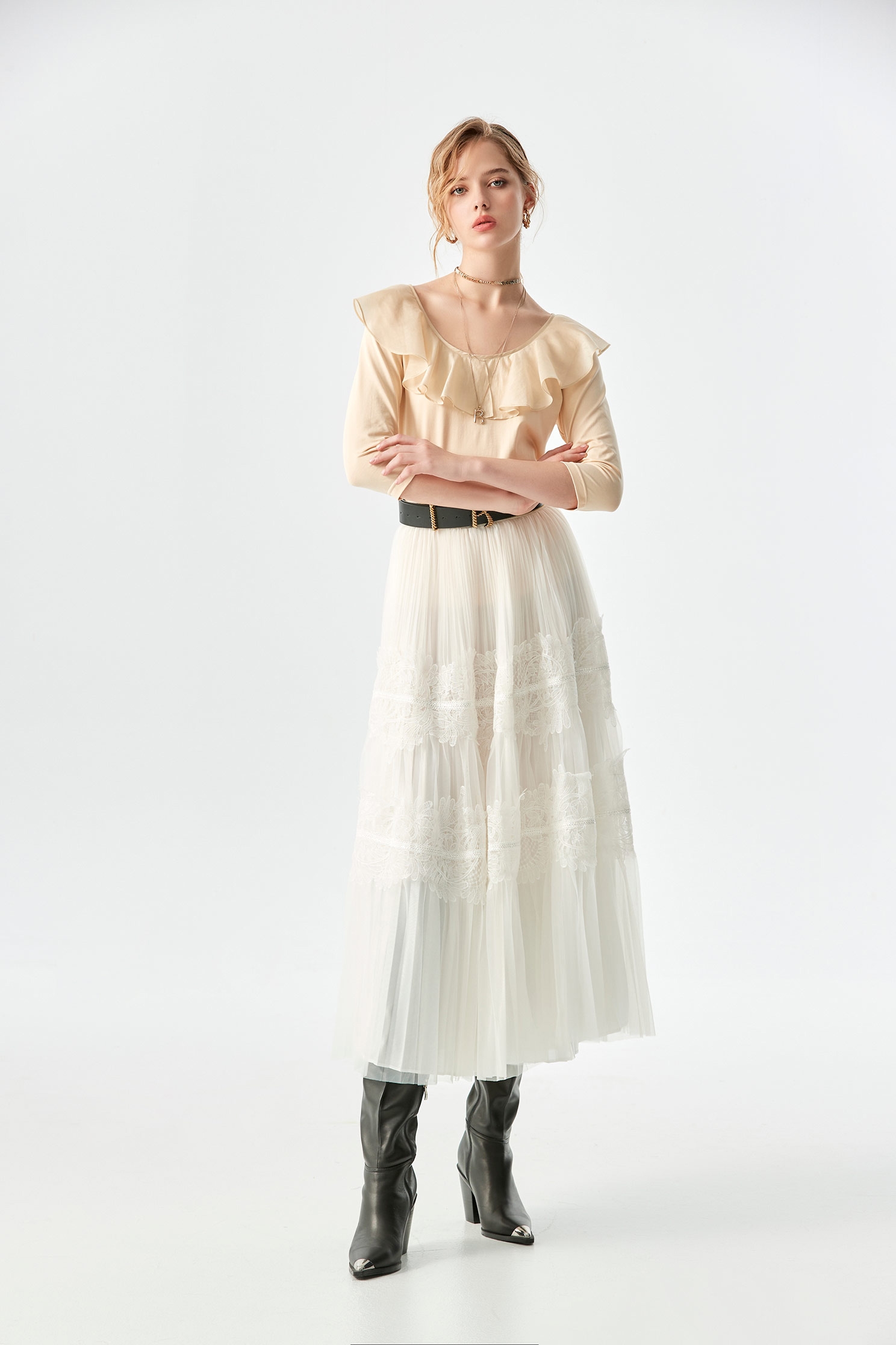 Pleated Skirt With Lace DetailPleated Skirt With Lace Detail,Season (AW) Look,Lace,Midi skirts