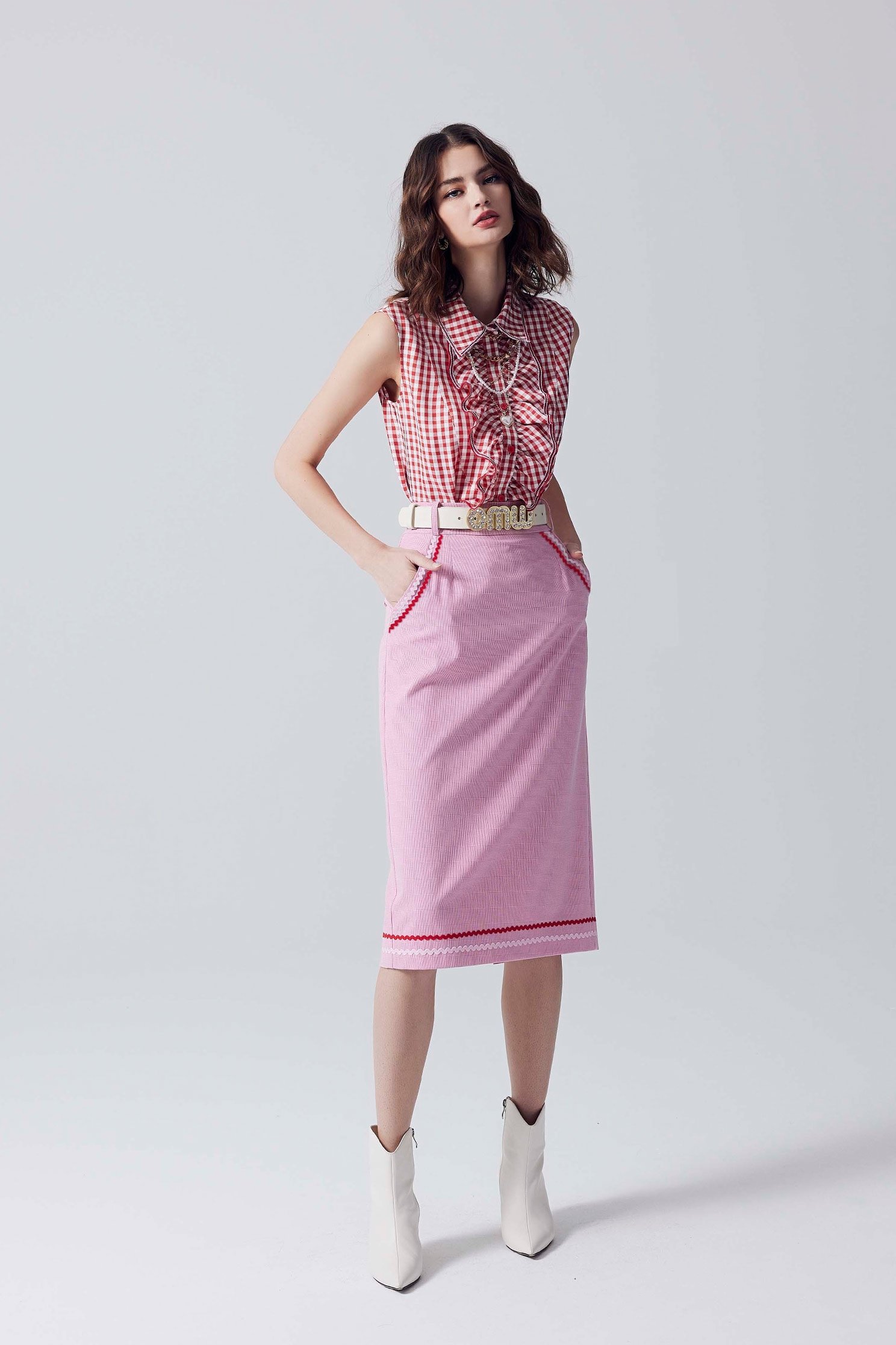 Pink Pencil Skirt With Contrast Trim DetailPink Pencil Skirt With Contrast Trim Detail,Plaid,Season (AW) Look,Pencil skirts,Midi skirts