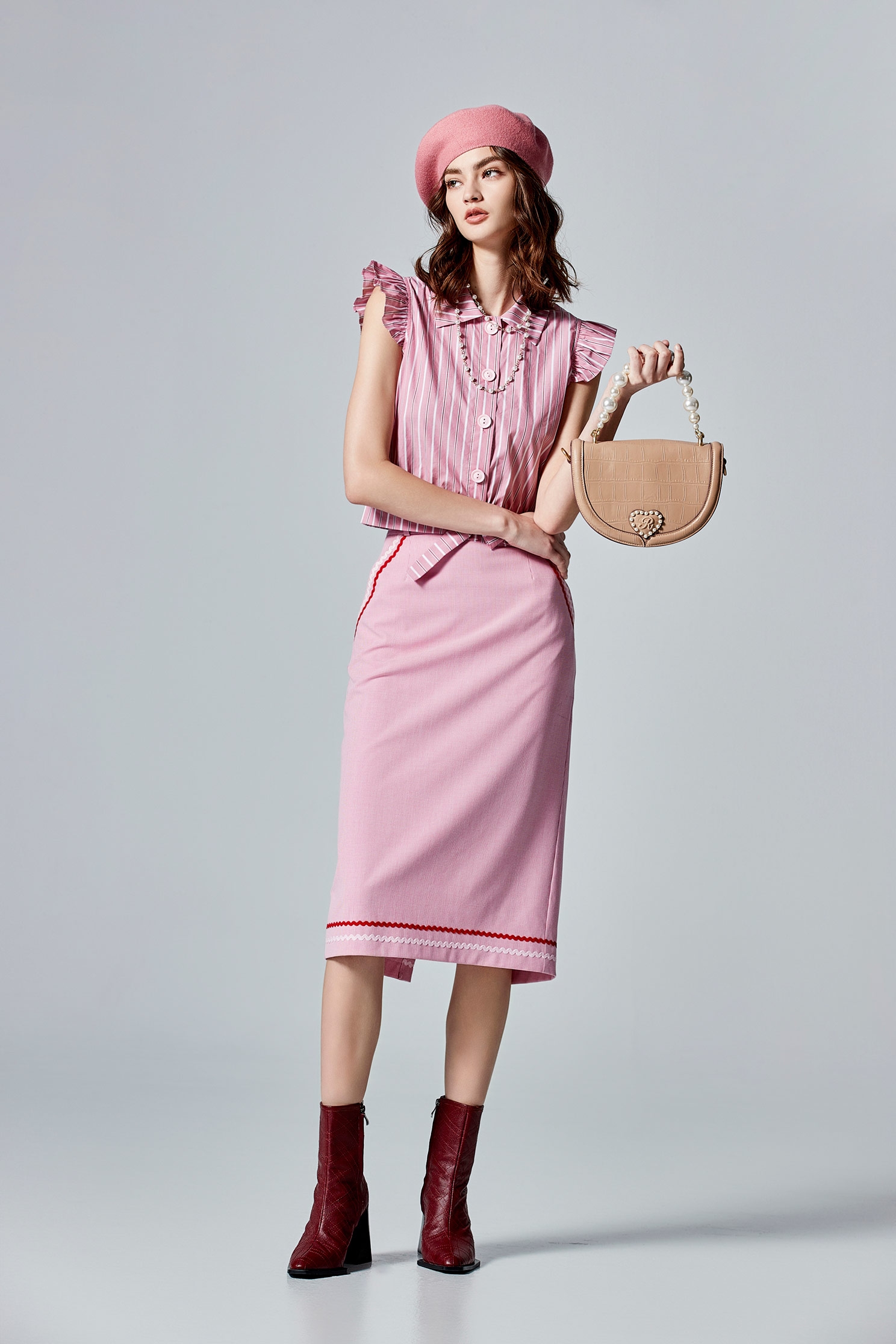 Pink Pencil Skirt With Contrast Trim DetailPink Pencil Skirt With Contrast Trim Detail,Plaid,Season (AW) Look,Pencil skirts,Midi skirts