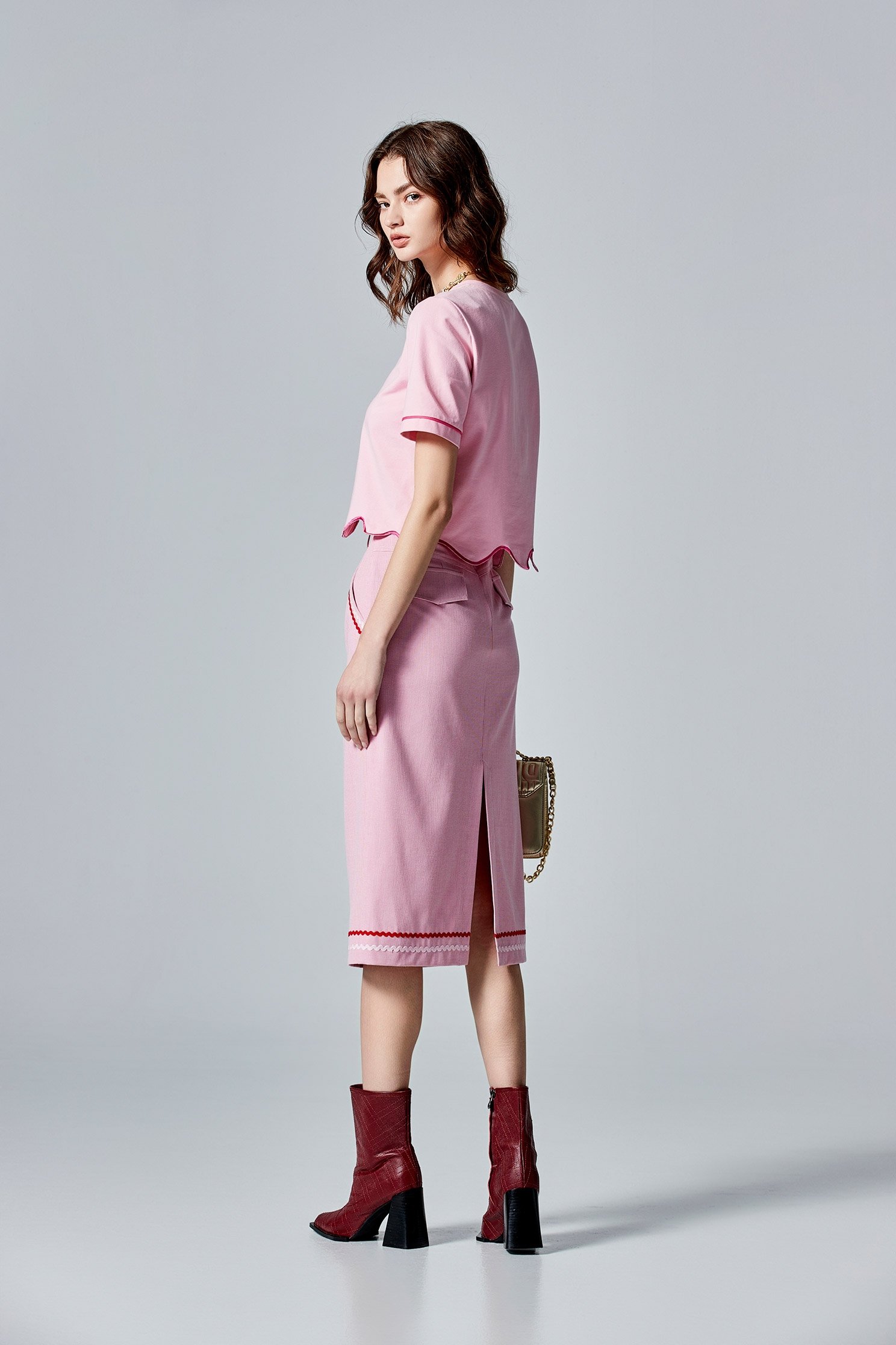 Pink Pencil Skirt With Contrast Trim DetailPink Pencil Skirt With Contrast Trim Detail,Plaid,Season (AW) Look,Pencil skirts,Midi skirts