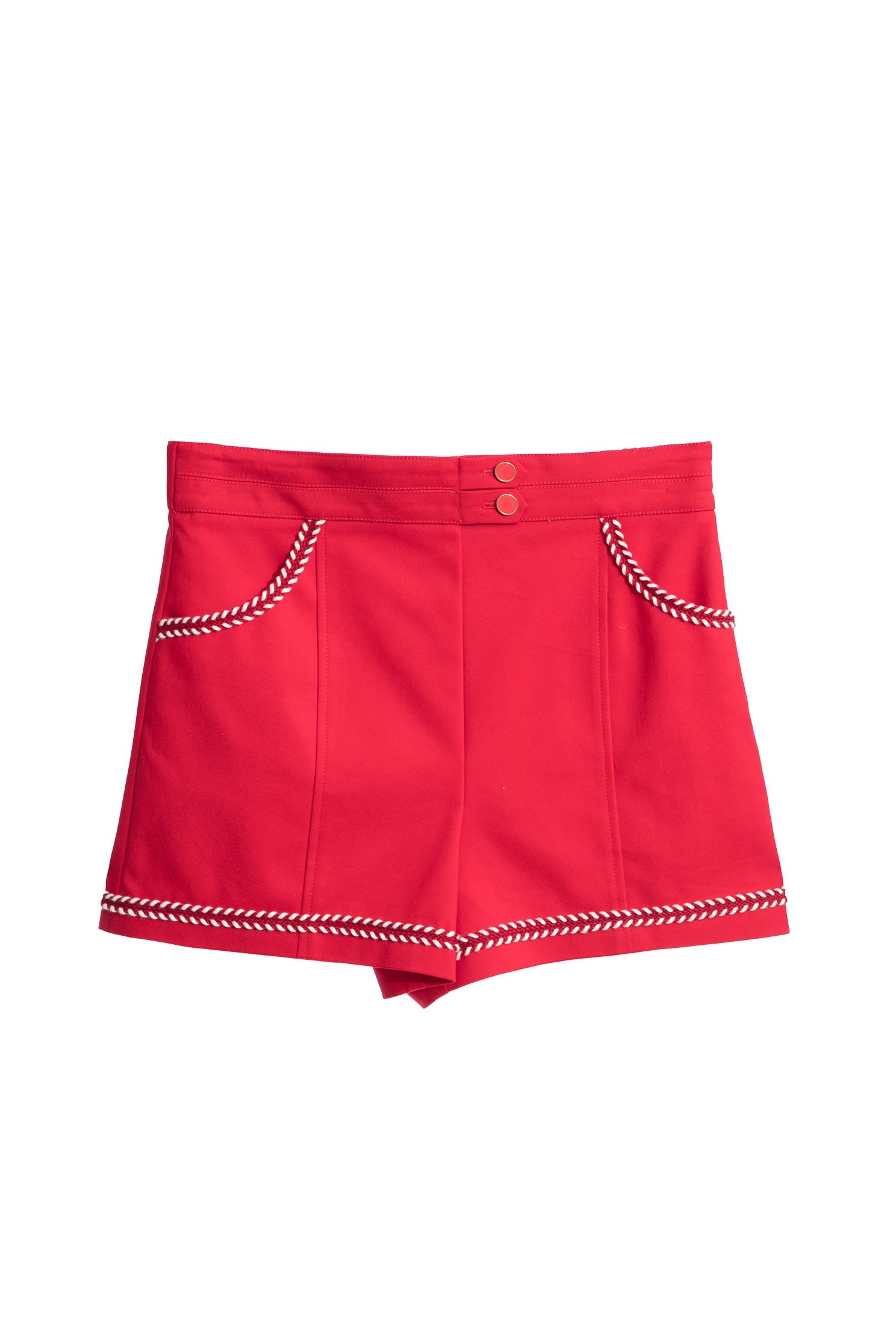 Red Shorts With Braided Ribbon Trim DetailRed Shorts With Braided Ribbon Trim Detail,Shorts,Season (AW) Look