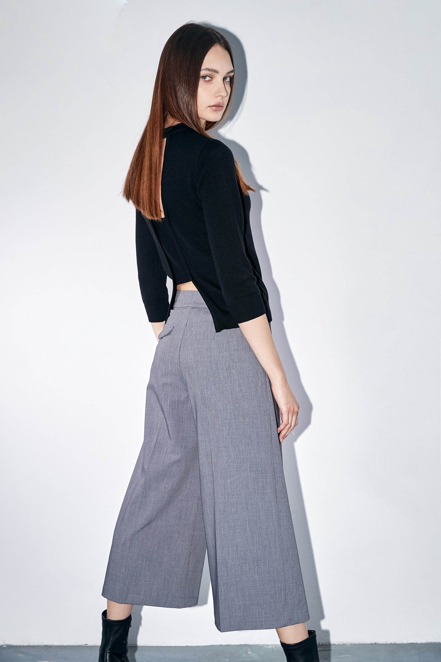 Panel Grey Pants With Fixed Buckle BeltWide-leg pants with sash design,Culottes,Season (AW) Look,Back To Classic,Culottes,Back To B/W