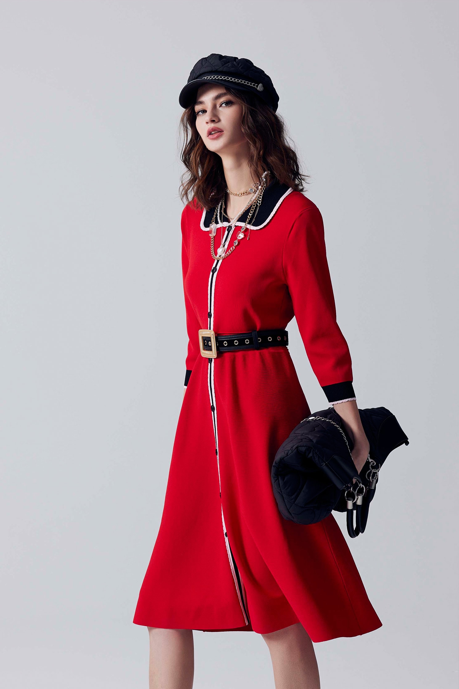 Red Knit Dress With Contrast Black CollarRed Knit Dress With Contrast Black Collar,Knitted dresses,Season (AW) Look,Knitted,Knitted dresses