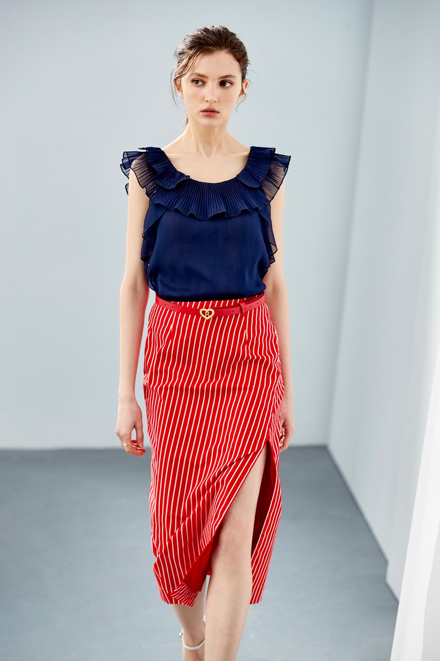 Red With White Stripe Thigh Slit SkirtStriped straight midi-skirt with vent,Season (SS) Look,Stripe,iROO LIVE,Midi skirts