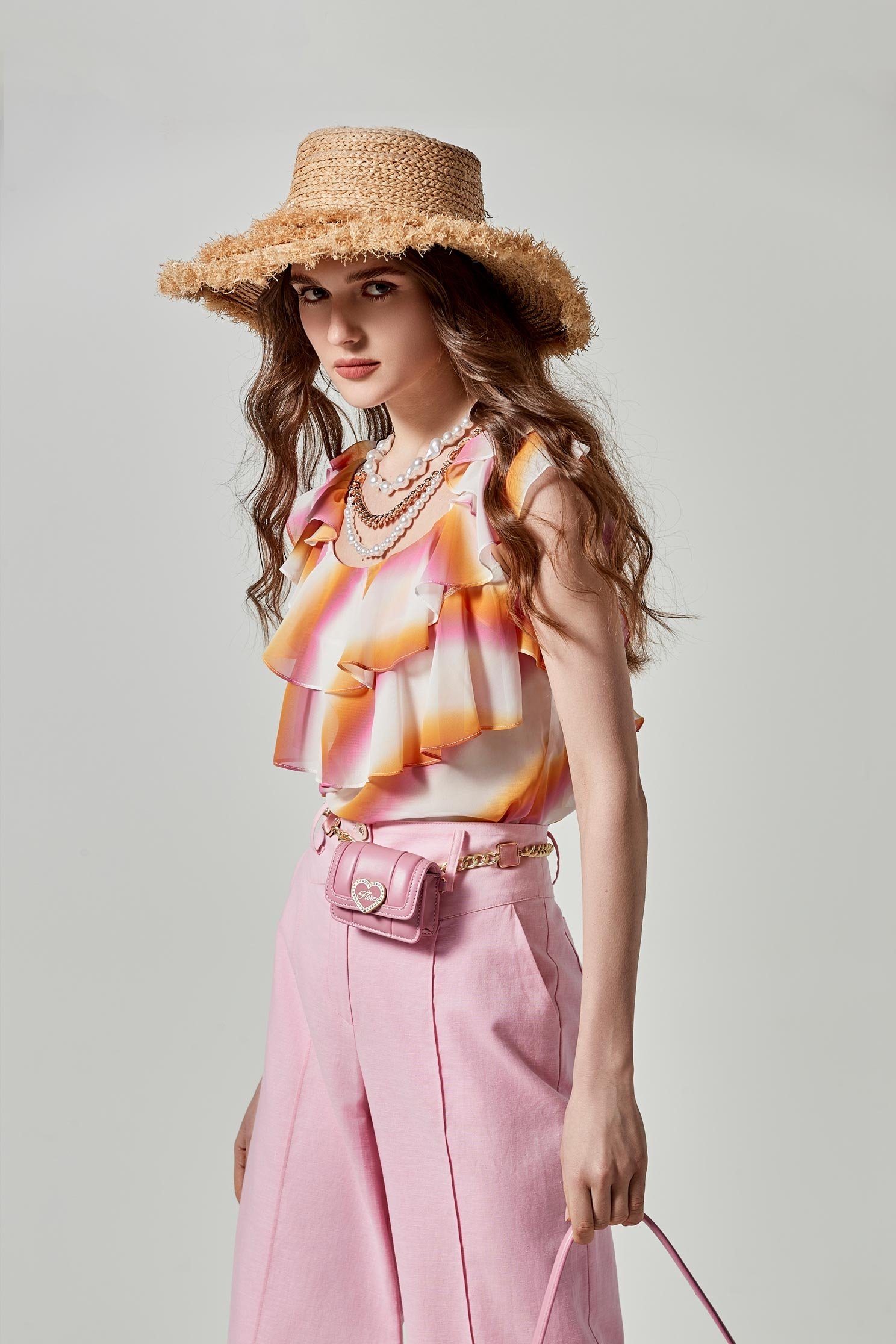 Gradient Stripe Print Ruffle VestGradient Stripe Print Ruffle Vest,sleeveless tops,Tops,Season (SS) Look,Chiffon,Chiffon tops