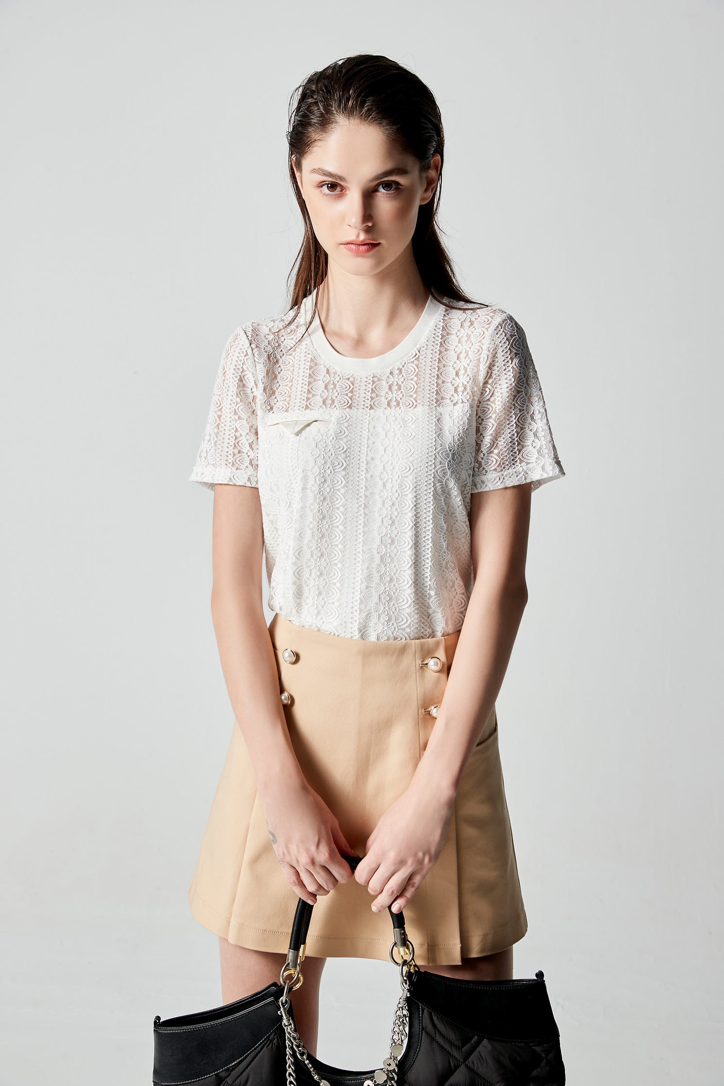 Short Sleeve Fake Pocket Lace TopShort Sleeve Fake Pocket Lace Top,Tops,Season (AW) Look,Lace,Lace tops