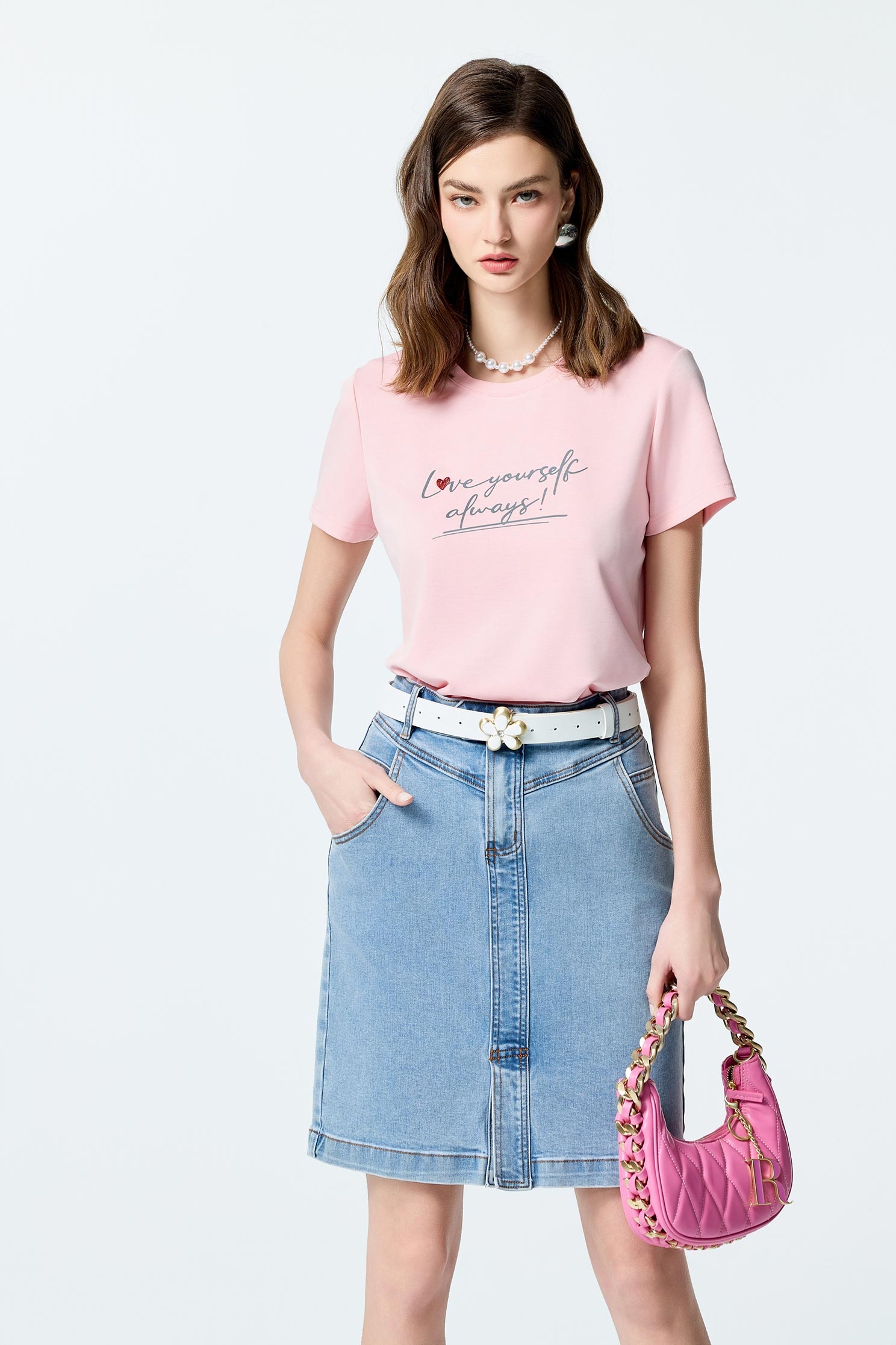 Front Slogan Basic TeeFront Slogan Basic Tee,T-shirts,Tops,Embroidered,Season (SS) Look,White tops