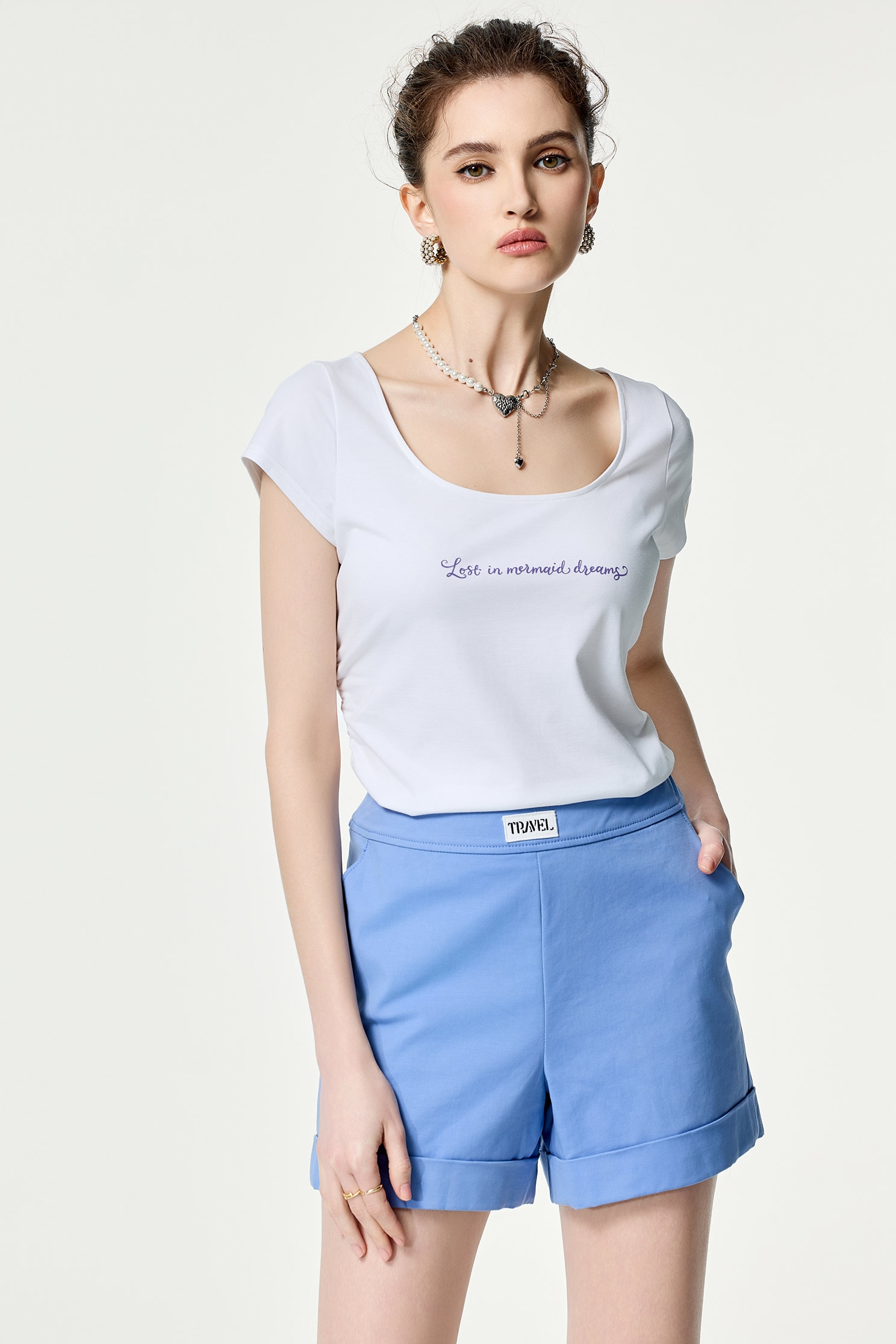 Short Sleeve Shirring Detail TeeShort Sleeve Shirring Detail Tee,Tops,Season (SS) Look,White tops