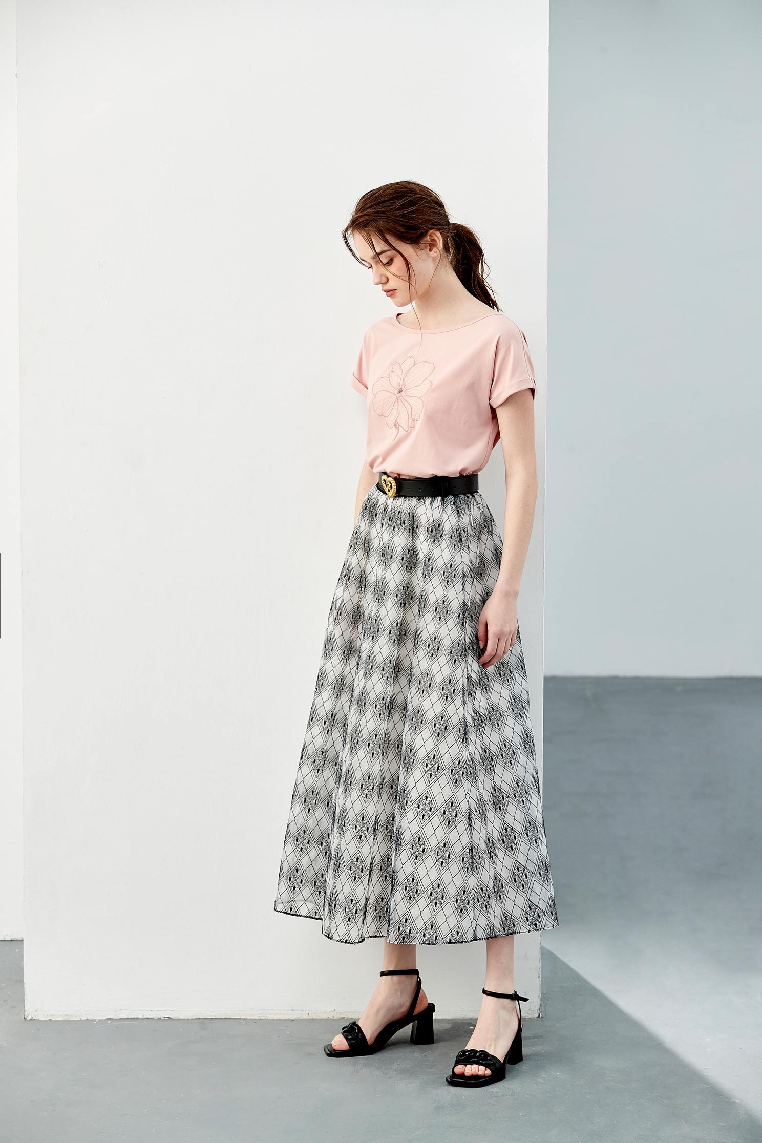 Black White Diamond Print SkirtEmbroidey organza long skirt,Embroidered,Queen,Season (SS) Look,relaxrestrictions,Midi skirts