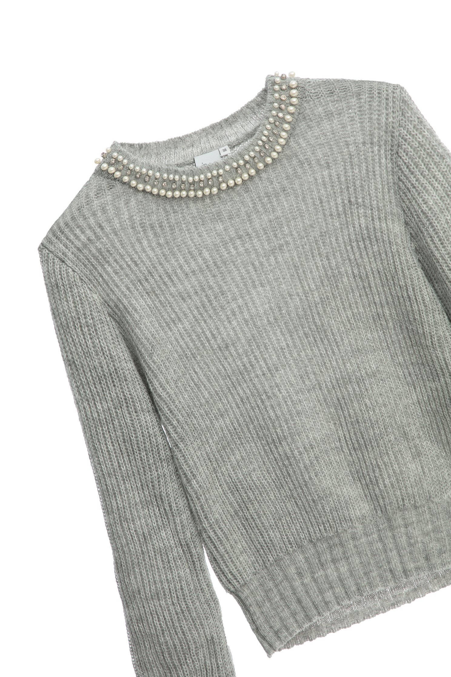 Grey Knit Top With Pearl AppliqueGrey Knit Top With Pearl Applique,Tops,pearl,Season (AW) Look,Knitted,Knitted tops,Knitted tops