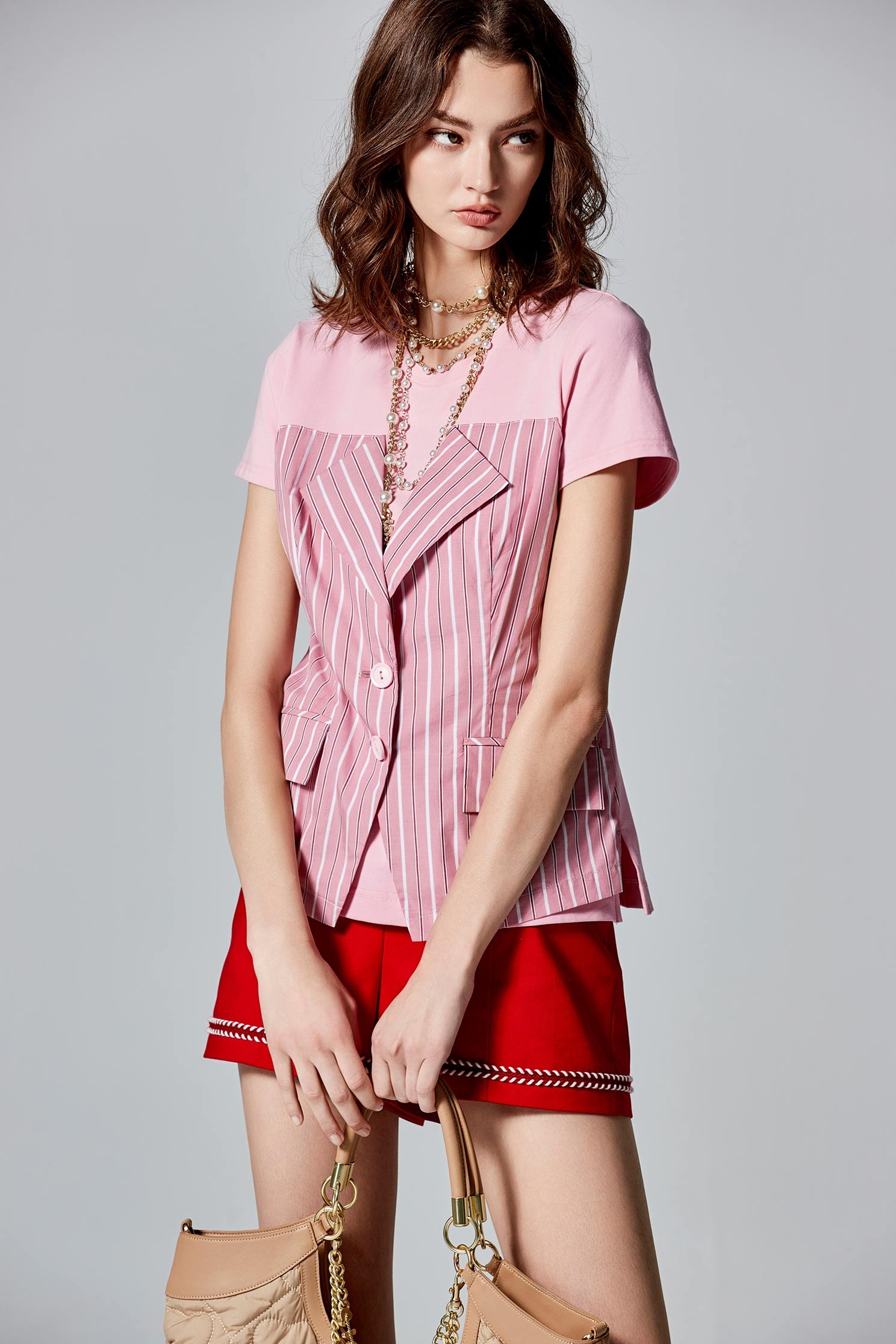 Pinstripe Mix Material Short Sleeve Pink TopPinstripe Mix Material Short Sleeve Pink Top,T-shirts,Tops,Stripe,Season (AW) Look