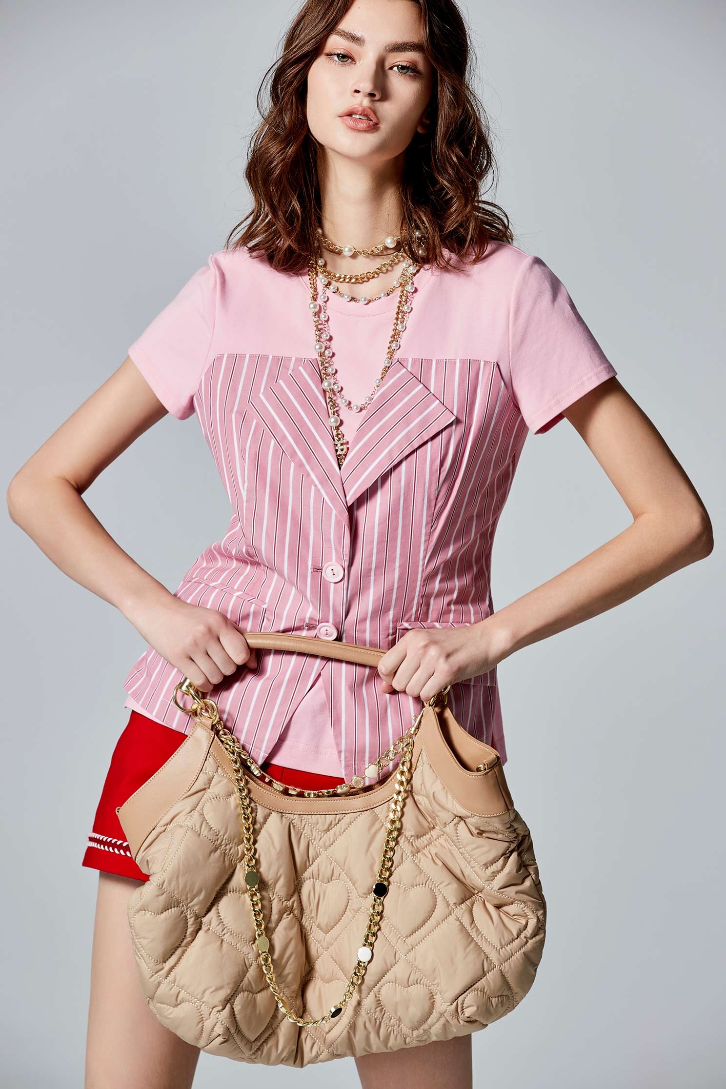 Pinstripe Mix Material Short Sleeve Pink TopPinstripe Mix Material Short Sleeve Pink Top,T-shirts,Tops,Stripe,Season (AW) Look