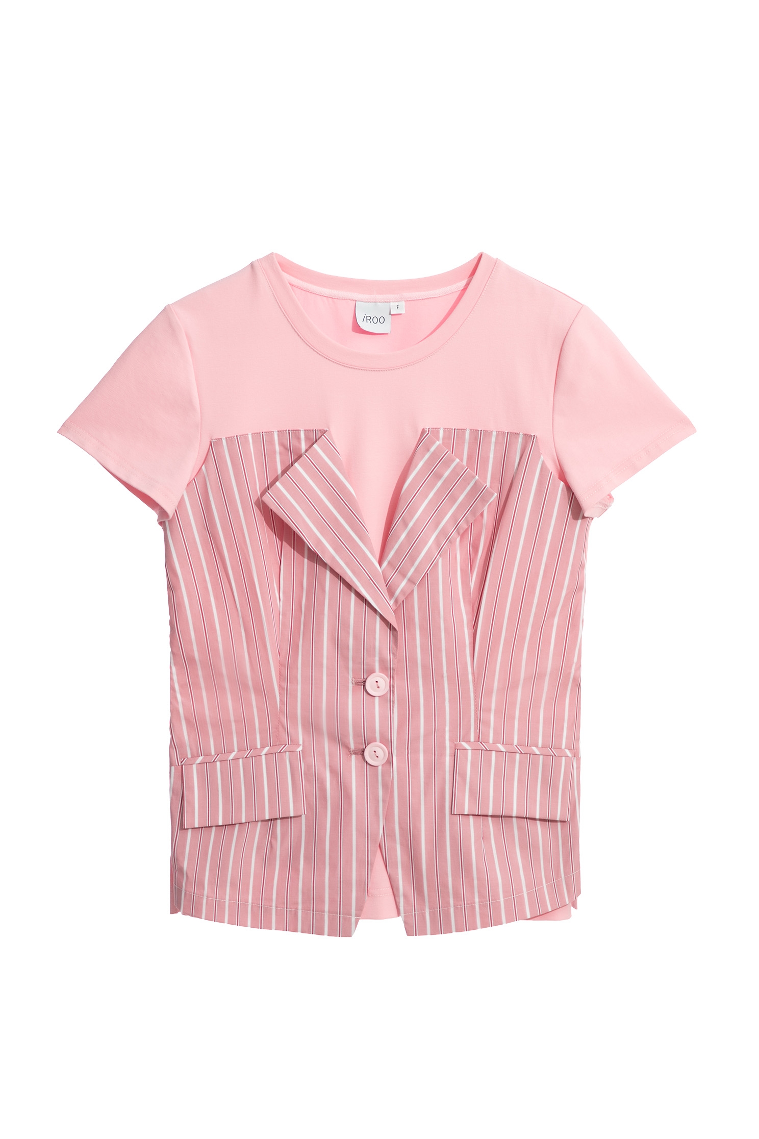 Pinstripe Mix Material Short Sleeve Pink TopPinstripe Mix Material Short Sleeve Pink Top,T-shirts,Tops,Stripe,Season (AW) Look