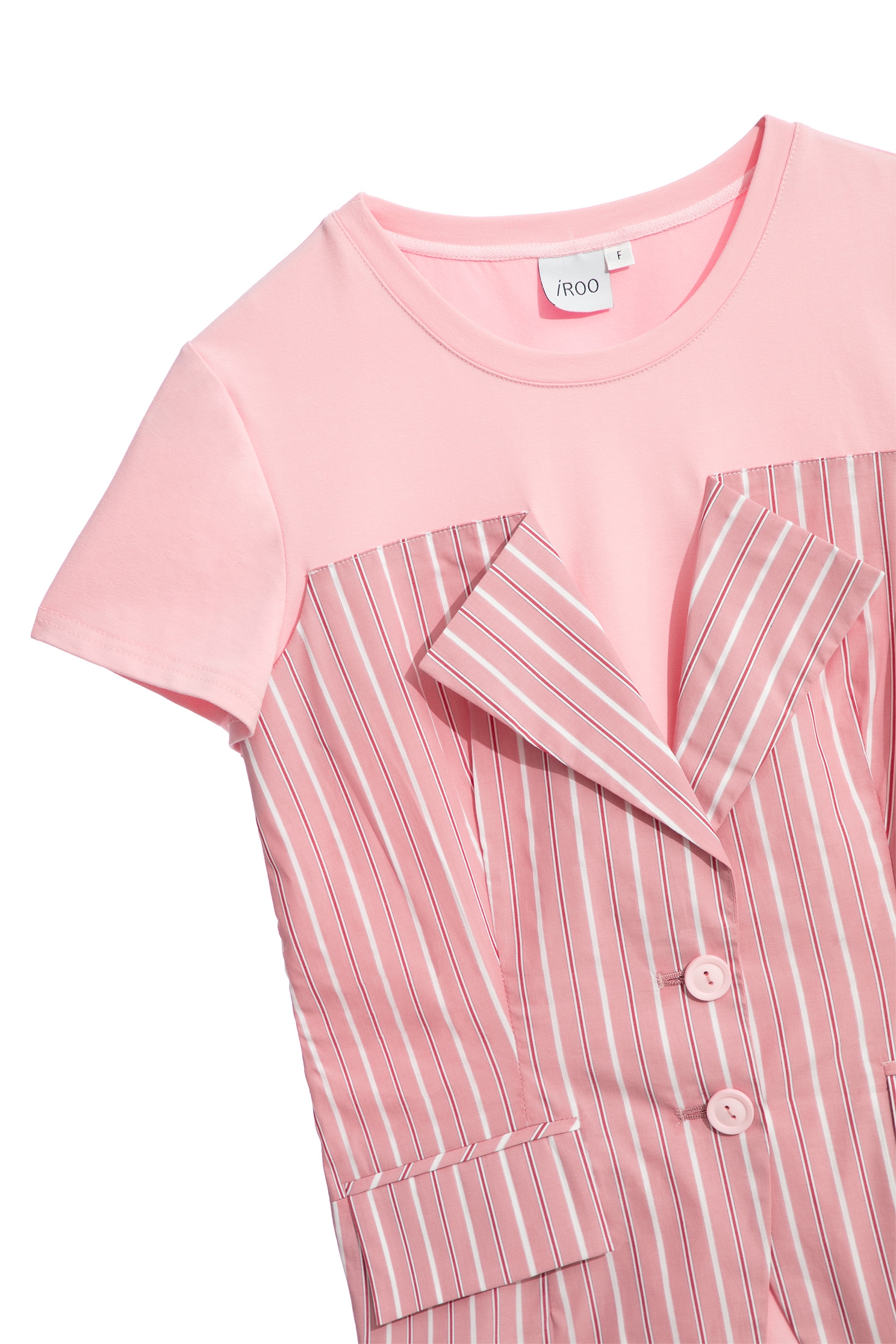 Pinstripe Mix Material Short Sleeve Pink TopPinstripe Mix Material Short Sleeve Pink Top,T-shirts,Tops,Stripe,Season (AW) Look