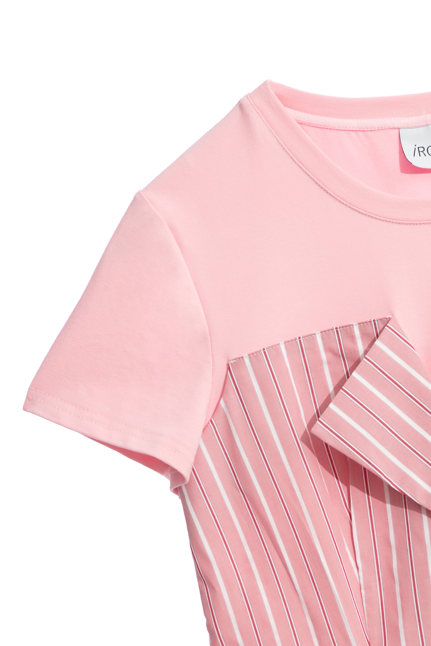 Pinstripe Mix Material Short Sleeve Pink TopPinstripe Mix Material Short Sleeve Pink Top,T-shirts,Tops,Stripe,Season (AW) Look