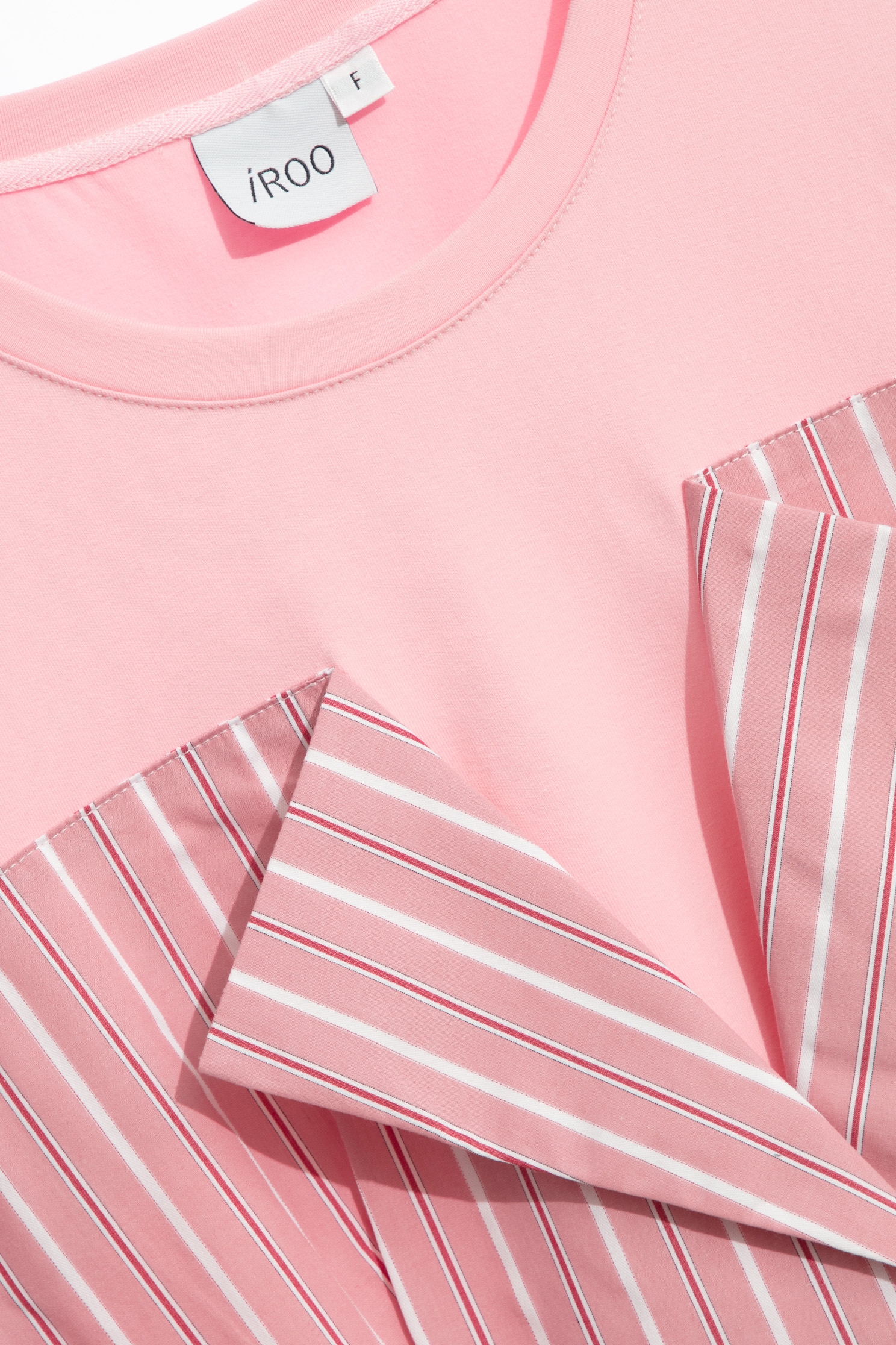 Pinstripe Mix Material Short Sleeve Pink TopPinstripe Mix Material Short Sleeve Pink Top,T-shirts,Tops,Stripe,Season (AW) Look