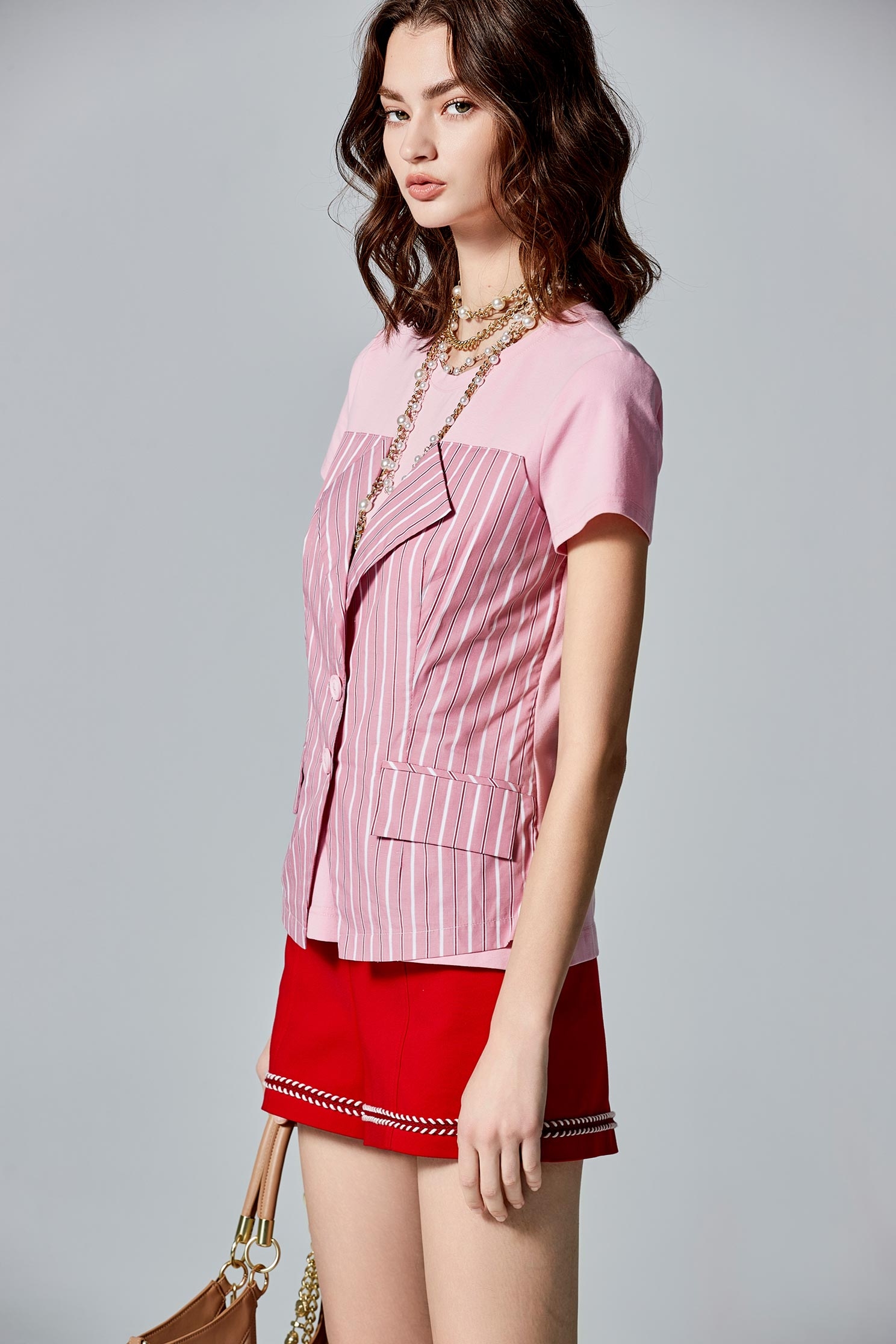 Pinstripe Mix Material Short Sleeve Pink TopPinstripe Mix Material Short Sleeve Pink Top,T-shirts,Tops,Stripe,Season (AW) Look