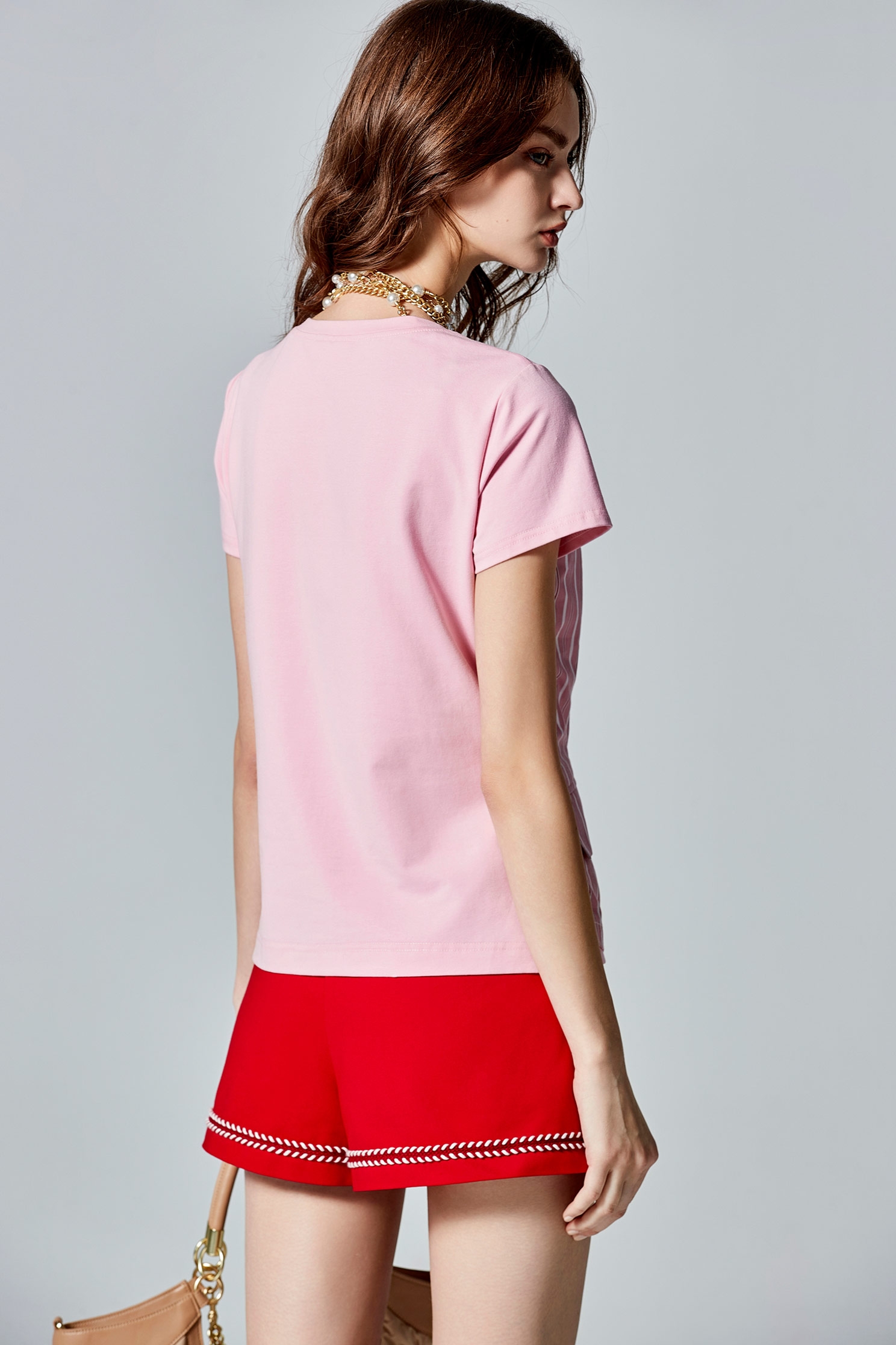 Pinstripe Mix Material Short Sleeve Pink TopPinstripe Mix Material Short Sleeve Pink Top,T-shirts,Tops,Stripe,Season (AW) Look