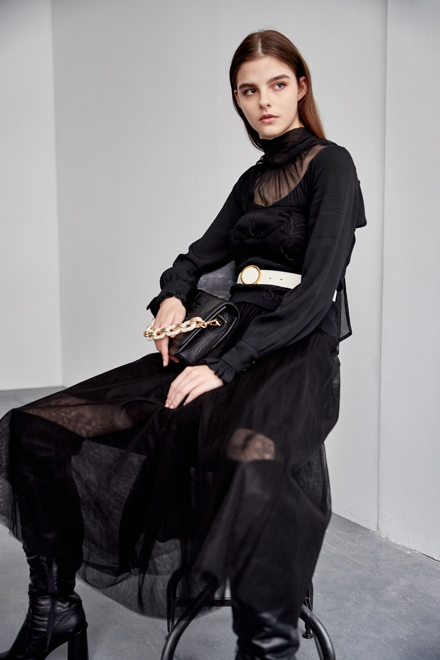 High Neck Collar Chiffon TopTranslucent stand-up collar tied top,Outfit of the Day,Tops,Rayon,Season (AW) Look,black tops