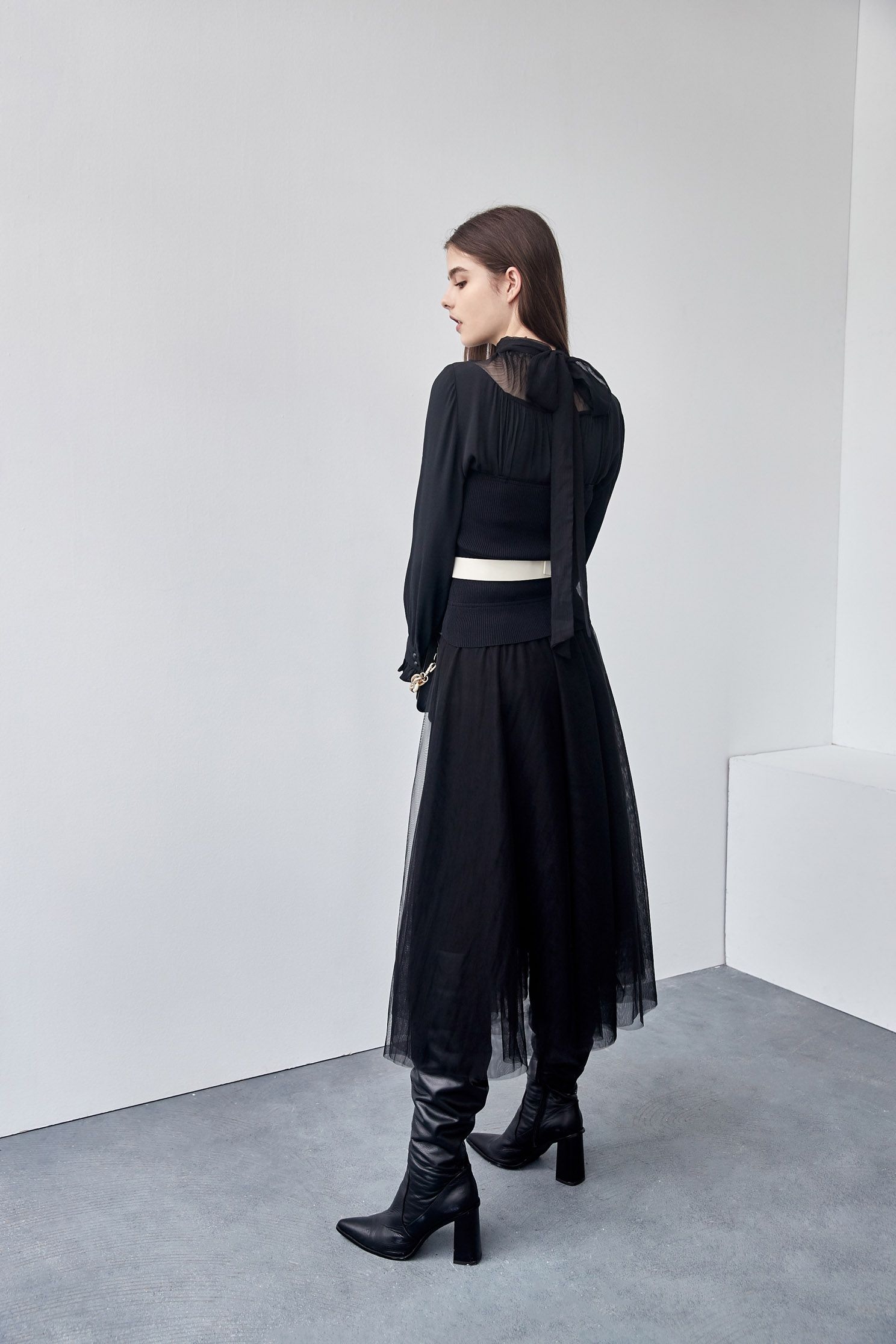 High Neck Collar Chiffon TopTranslucent stand-up collar tied top,Outfit of the Day,Tops,Rayon,Season (AW) Look,black tops