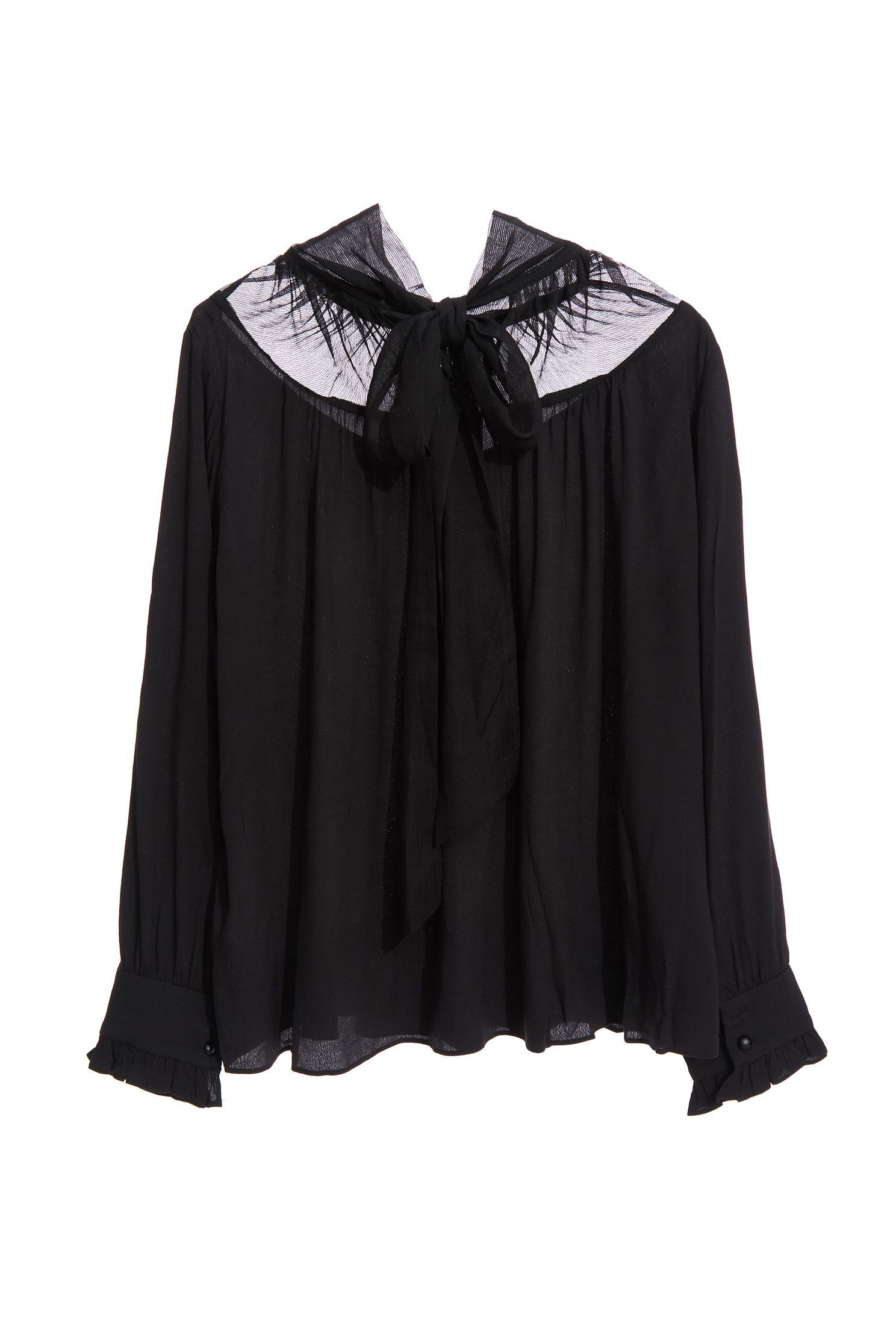 High Neck Collar Chiffon TopTranslucent stand-up collar tied top,Outfit of the Day,Tops,Rayon,Season (AW) Look,black tops