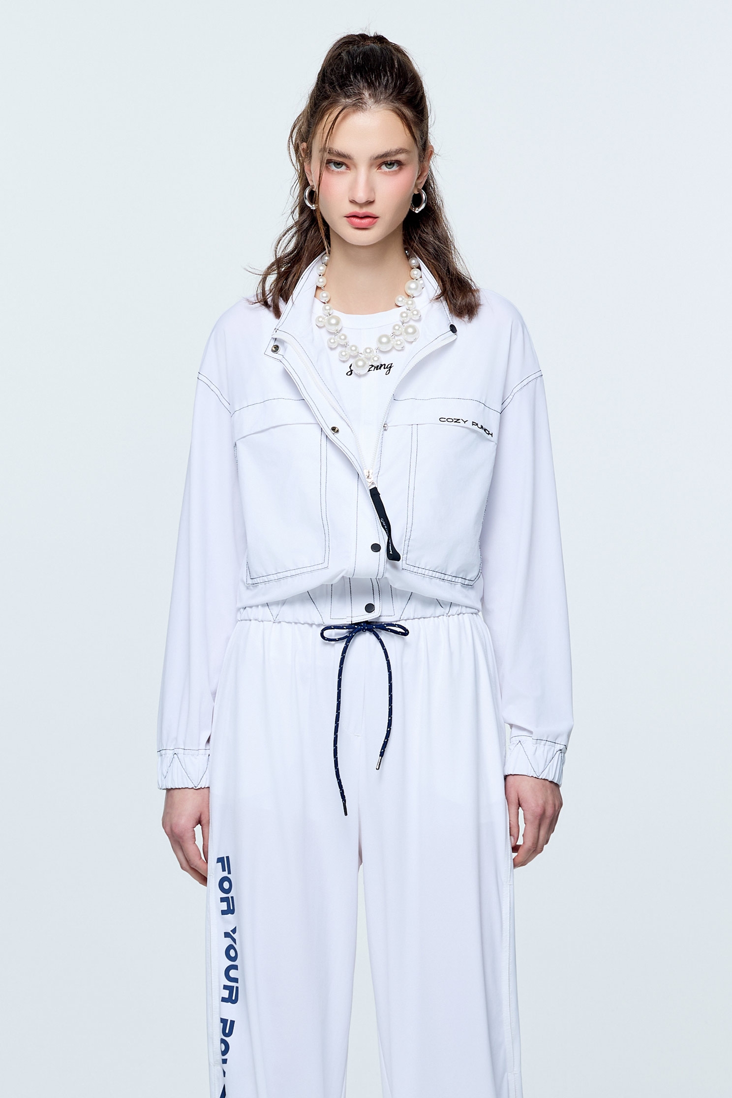 Contrast Stitch Sun Protection Collagen JacketOptical White Collagen Jacket,COZY PUNCH,Jackets,Outerwear,Season (SS) Look,White outerwear
