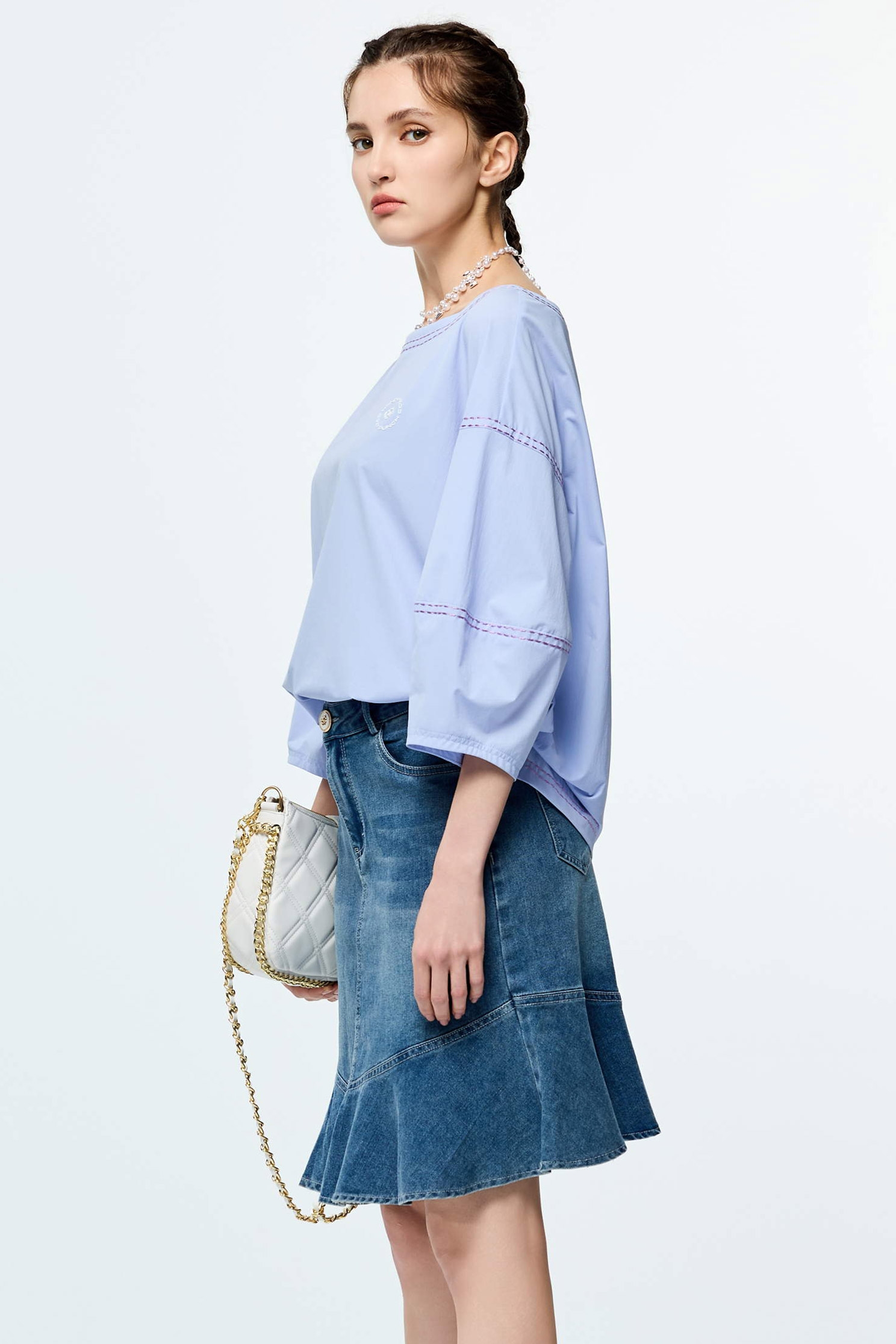 Contrast Stitch Detail High Performance Collagen TopColor-Blocked Embroidered Stitch Detail Top,Tops,Embroidered,Season (SS) Look