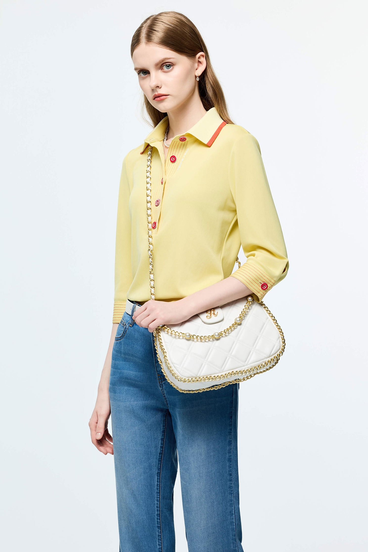 Contrast Trim Detail Sun Protection Collagen Polo ShirtCream Pudding Color Collagen Polo Shirt,Tops,Season (SS) Look