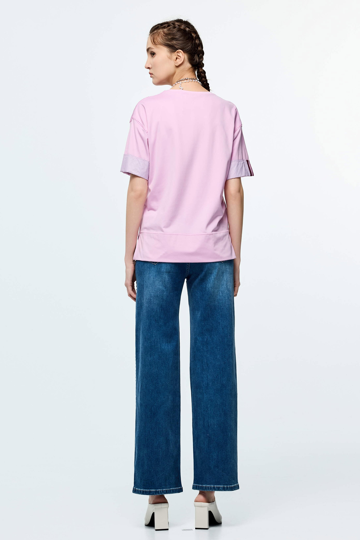 Contrast Stitch Detail Moisture Wicking Collagen T-ShirtLuxurious Pink Collagen T-Shirt,Tops,Embroidered,Season (SS) Look