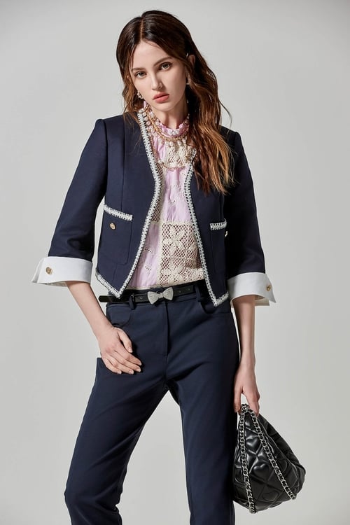 Navy Crop Jacket With Contrast White Trim Detail,Jackets