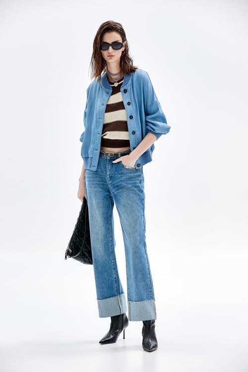 Button Front Soft Denim Jacket,Long sleeve outerwear