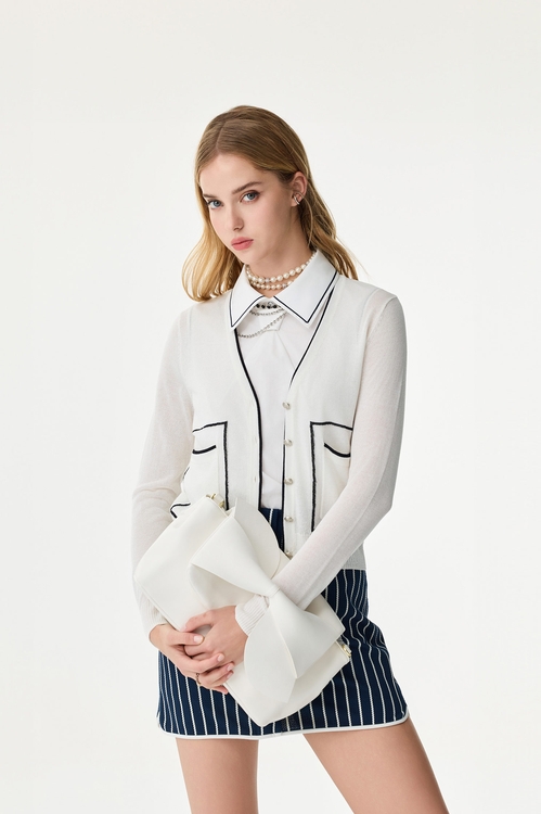 Contrast Navy Trim Knit Cardigan,Knitted