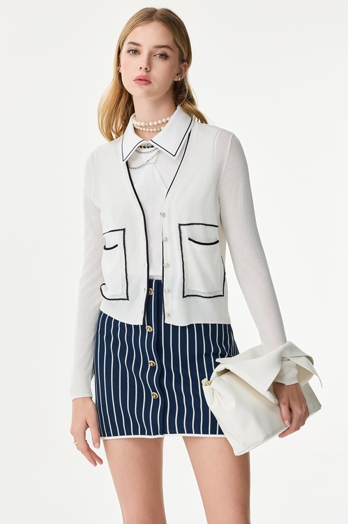 Contrast Navy Trim Knit Cardigan,Knitted