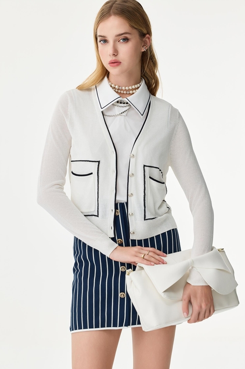 Contrast Navy Trim Knit Cardigan,Knitted