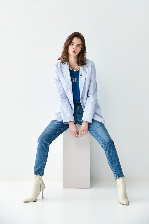 Light Blue Mid-Length Blazer,Blazers