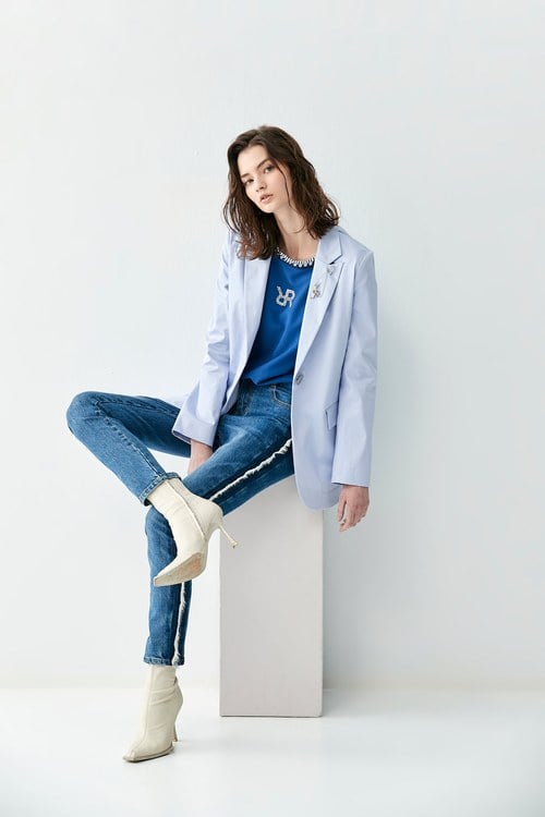 Light Blue Mid-Length Blazer,Blazers